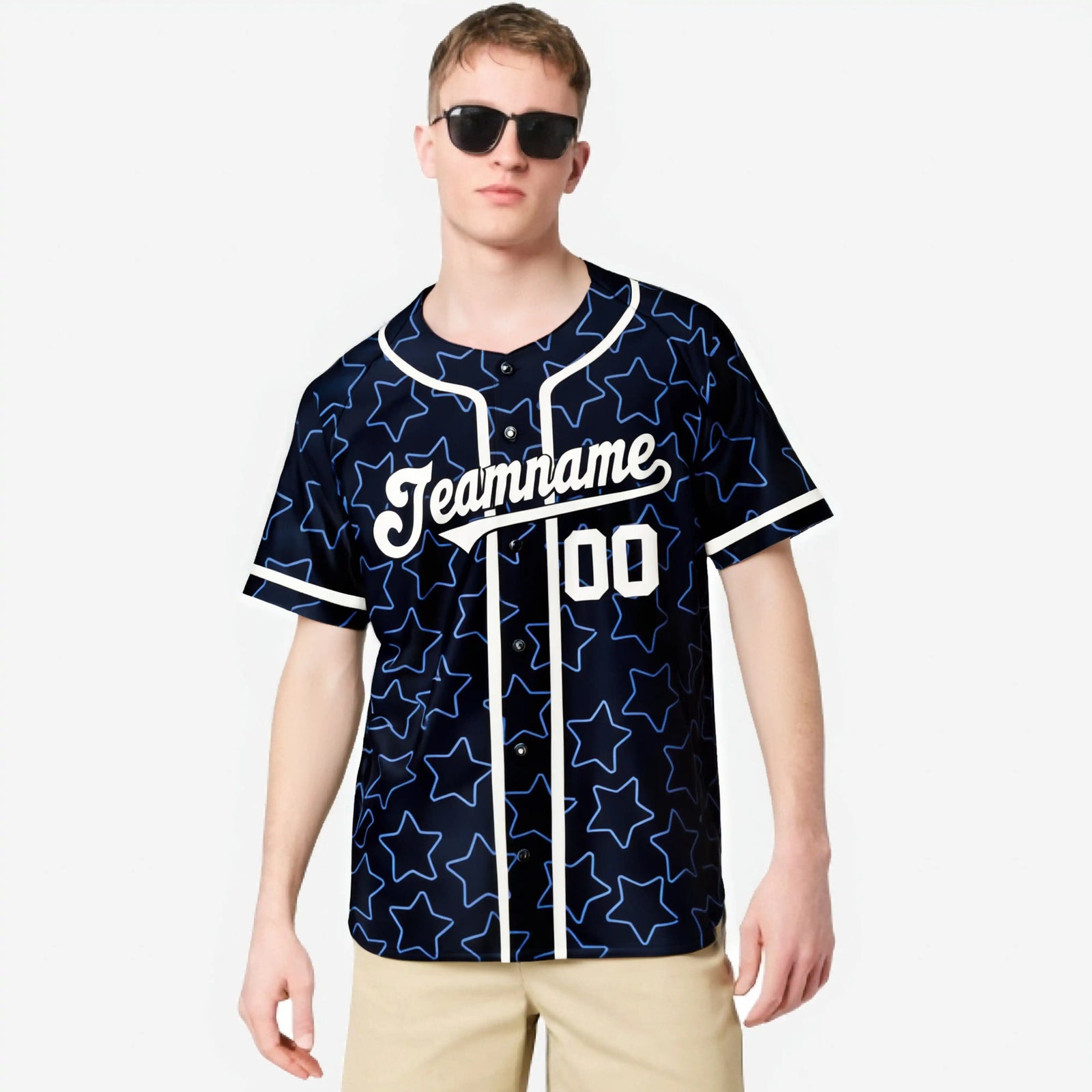 Custom Star Navy Blue-White Baseball Jersey Button Down Shirt Personalized for Adults/Youth