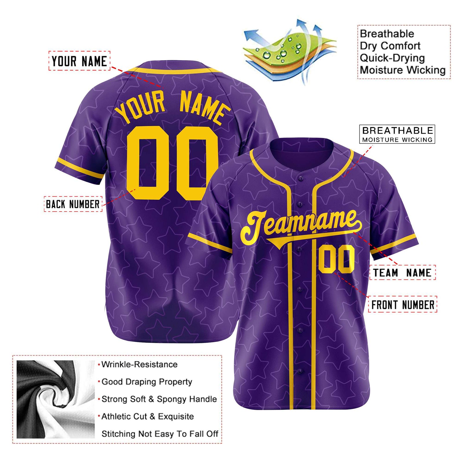 Custom Star Purple Gold Baseball Jersey Button Down Shirt Personalized for Adults/Youth