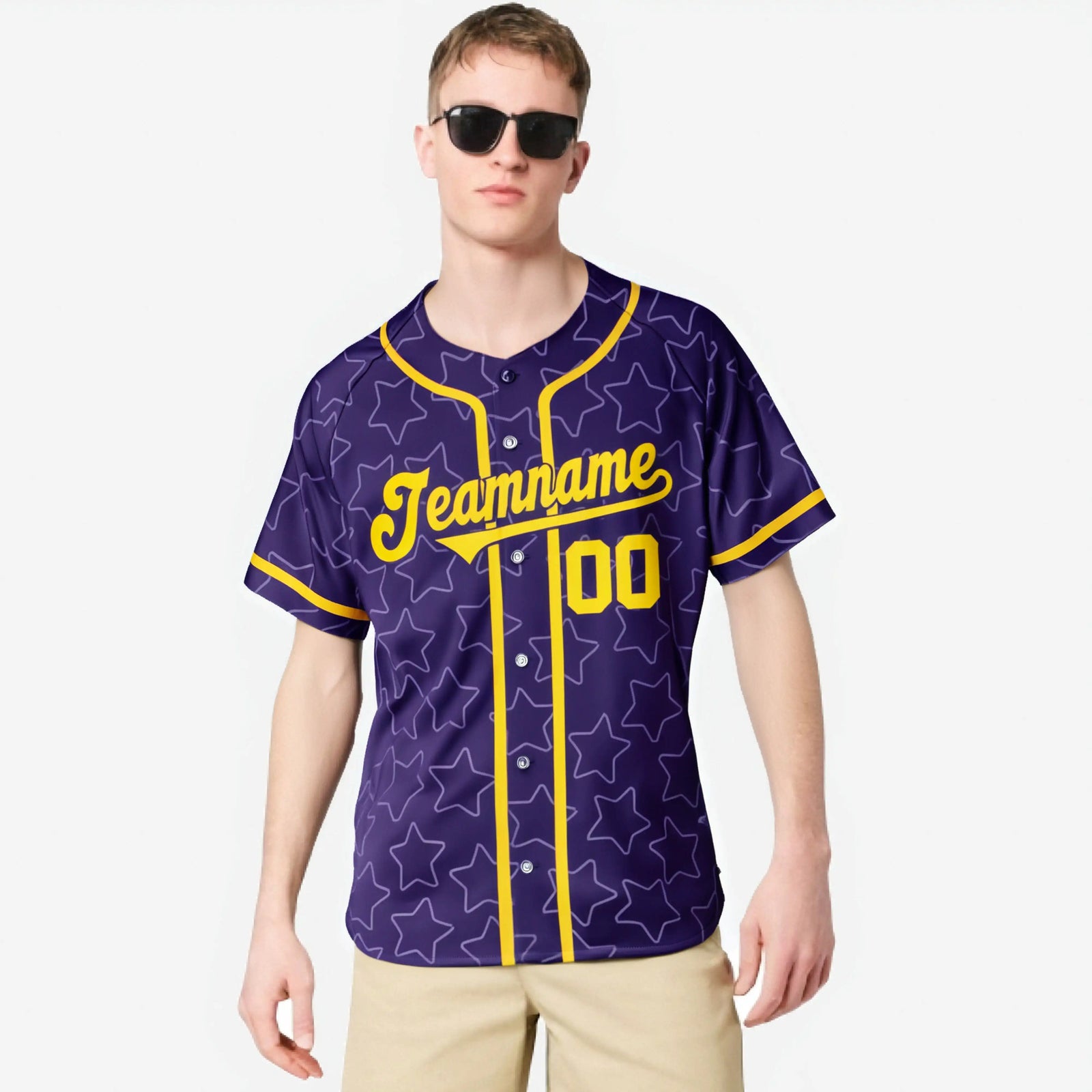 Custom Star Purple Gold Baseball Jersey Button Down Shirt Personalized for Adults/Youth