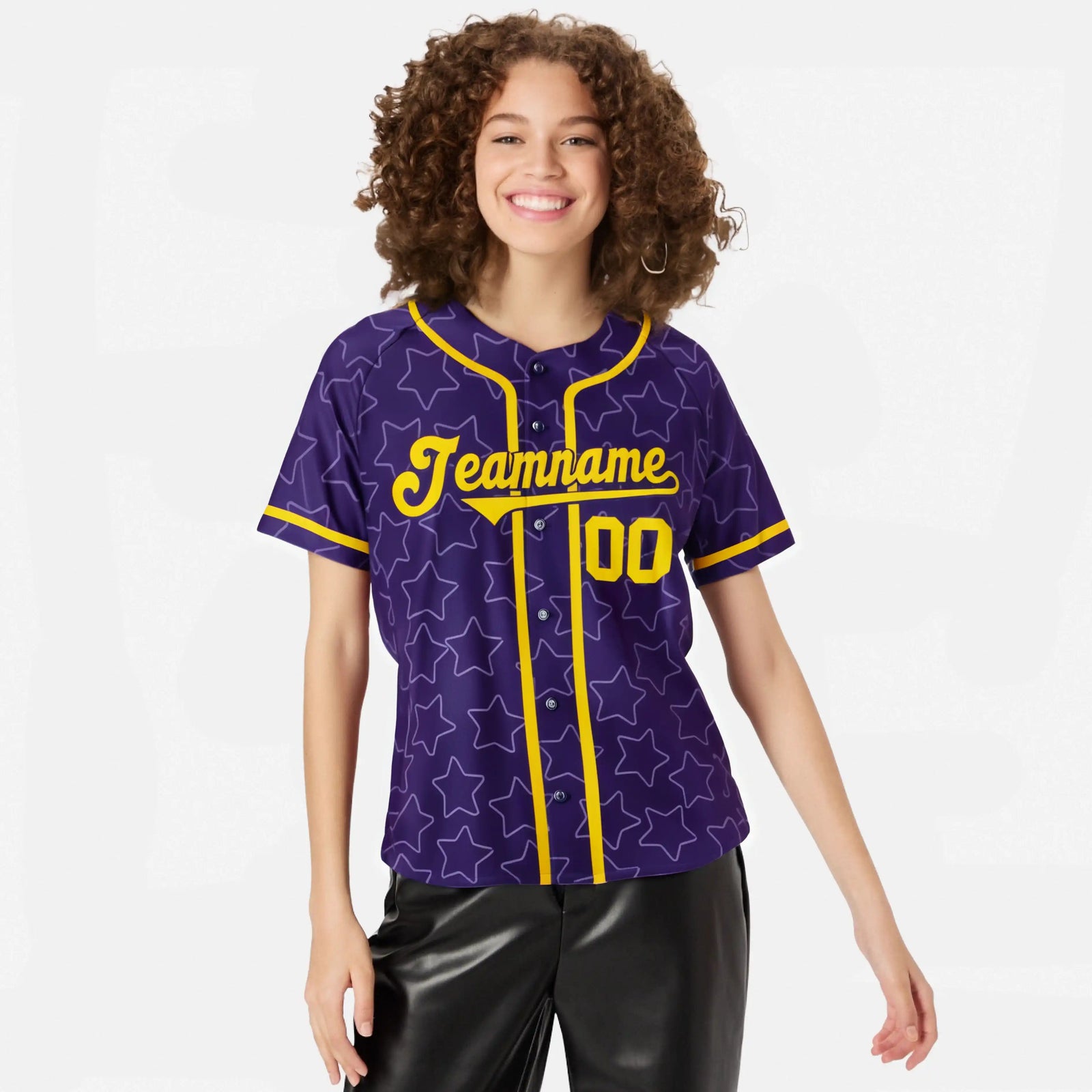 Custom Star Purple Gold Baseball Jersey Button Down Shirt Personalized for Adults/Youth