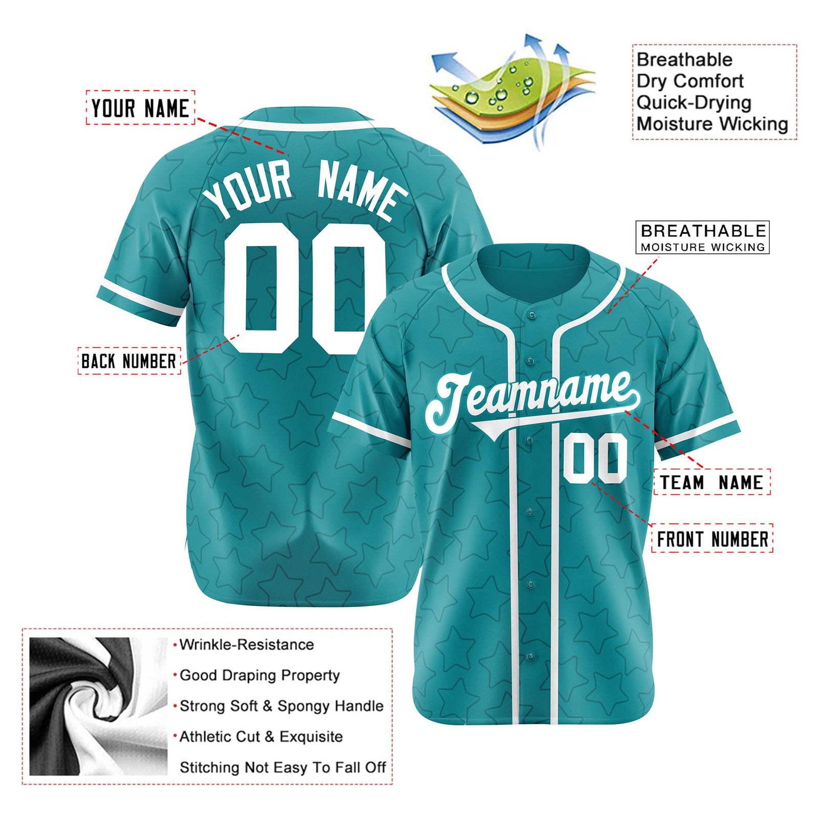 Custom Star Turquoise White Baseball Jersey Button Down Shirt Personalized for Adults/Youth