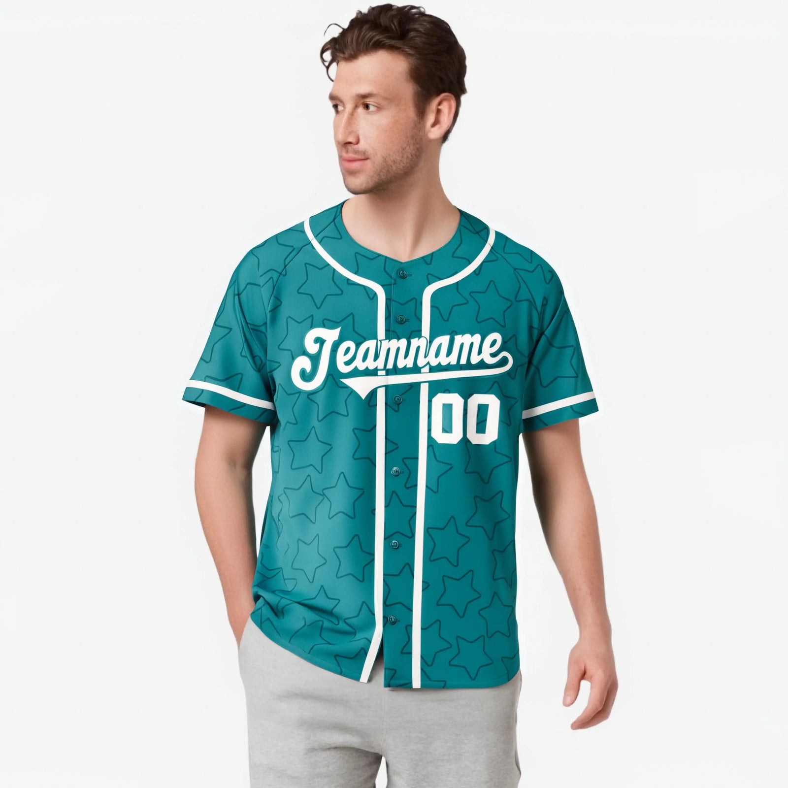 Custom Star Turquoise White Baseball Jersey Button Down Shirt Personalized for Adults/Youth