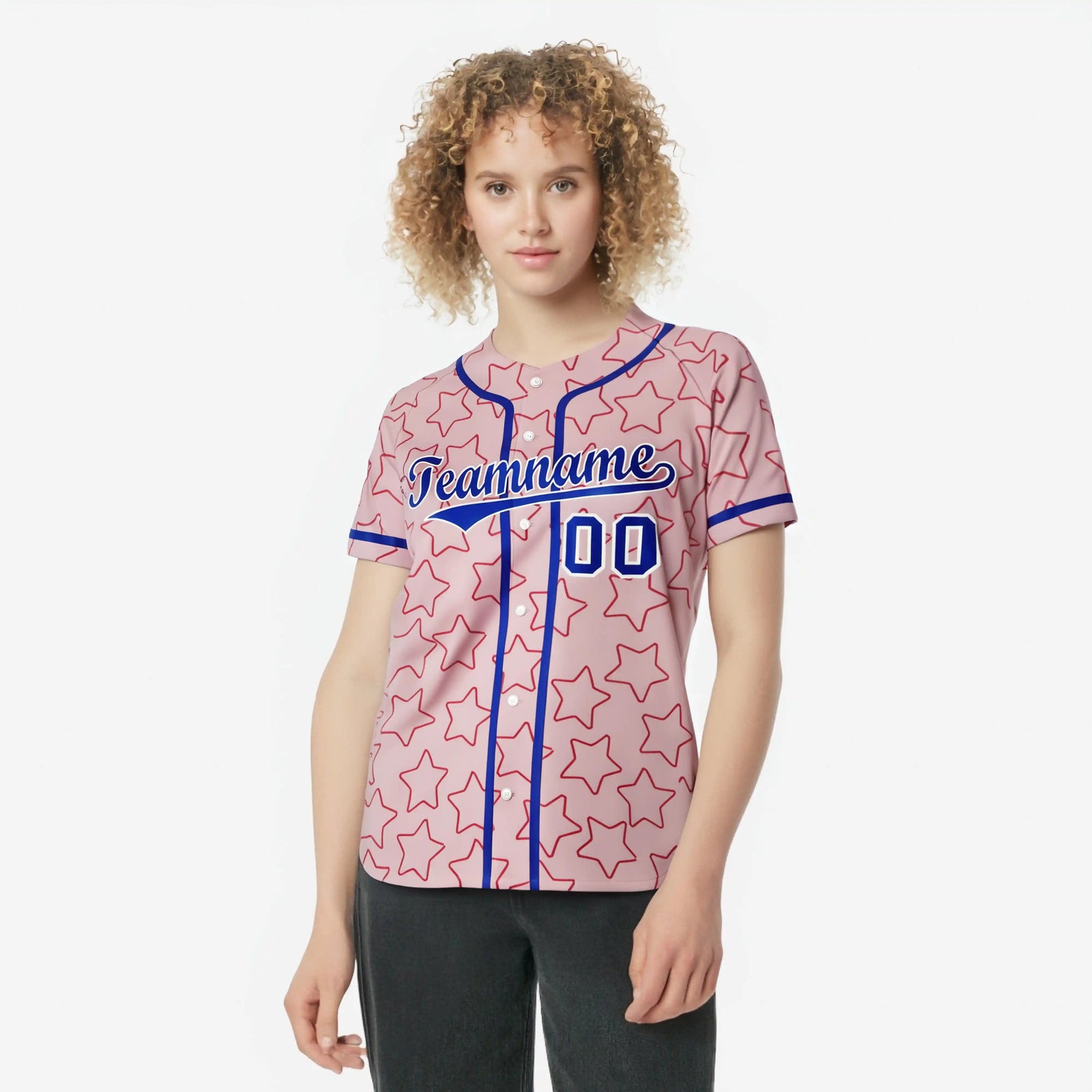Custom Star Pink Blue Baseball Jersey Button Down Shirt Personalized for Adults/Youth
