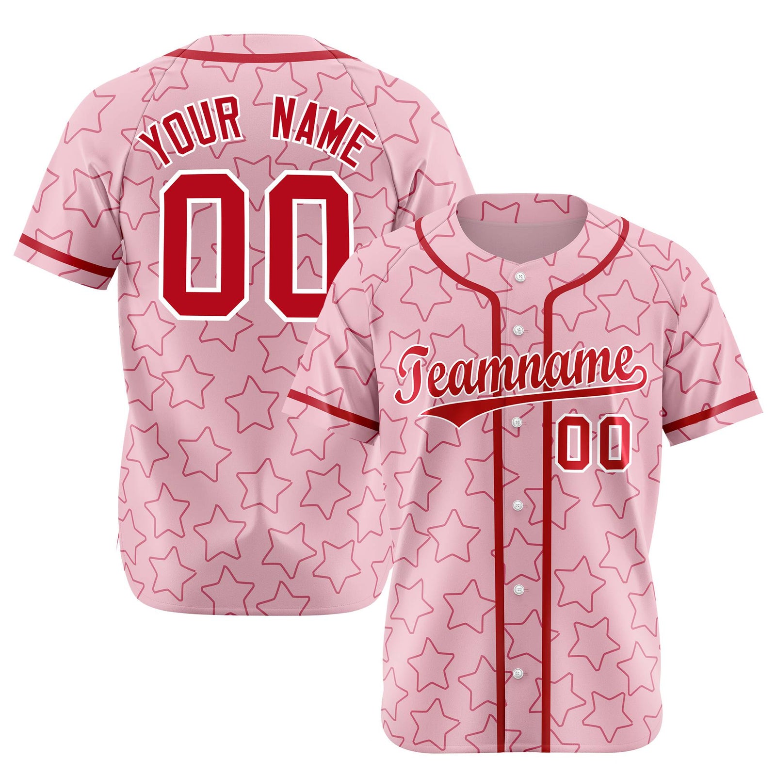 Custom Star Pink Red Baseball Jersey Button Down Shirt Personalized for Adults/Youth
