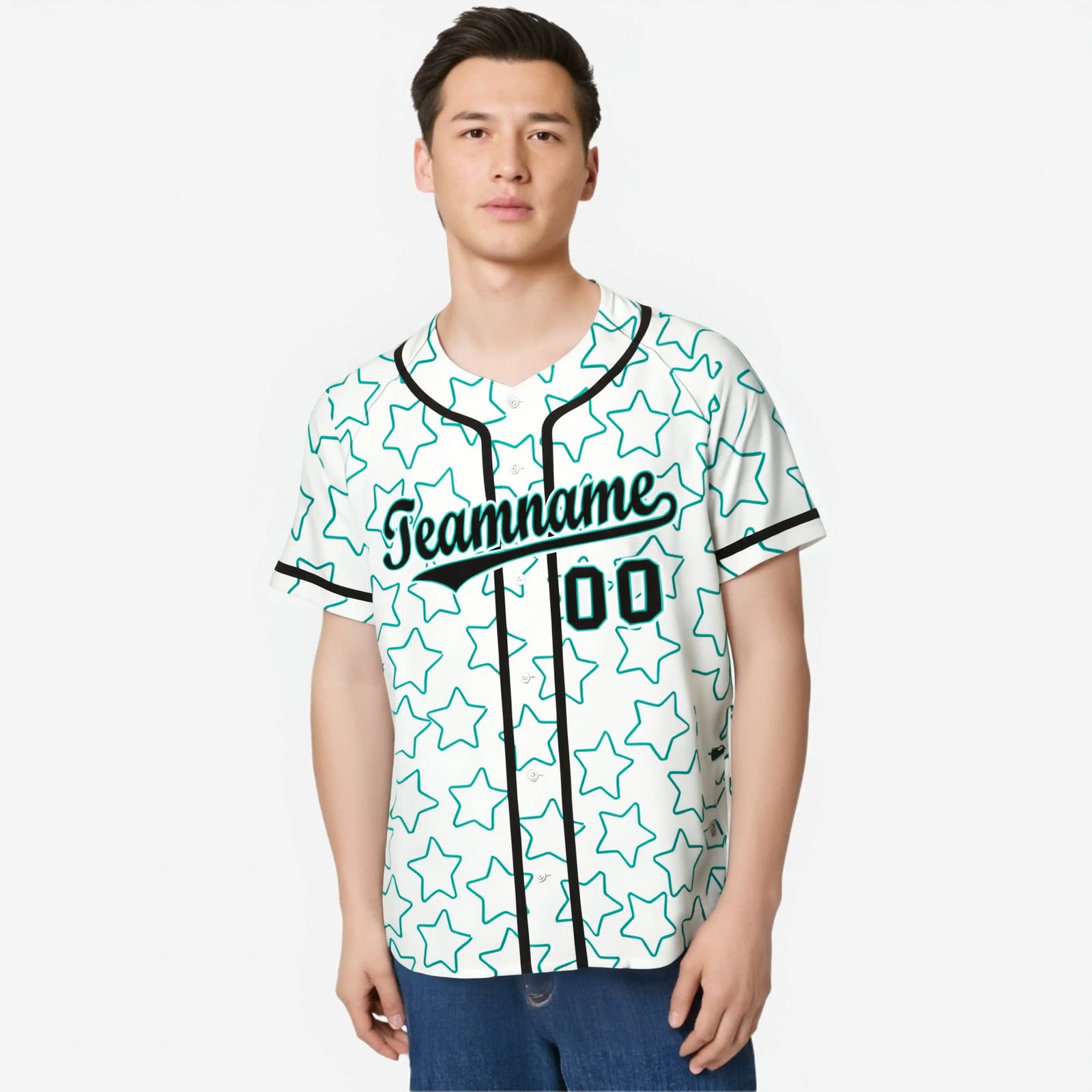 Custom Star White Teal Baseball Jersey Button Down Shirt Personalized for Adults/Youth