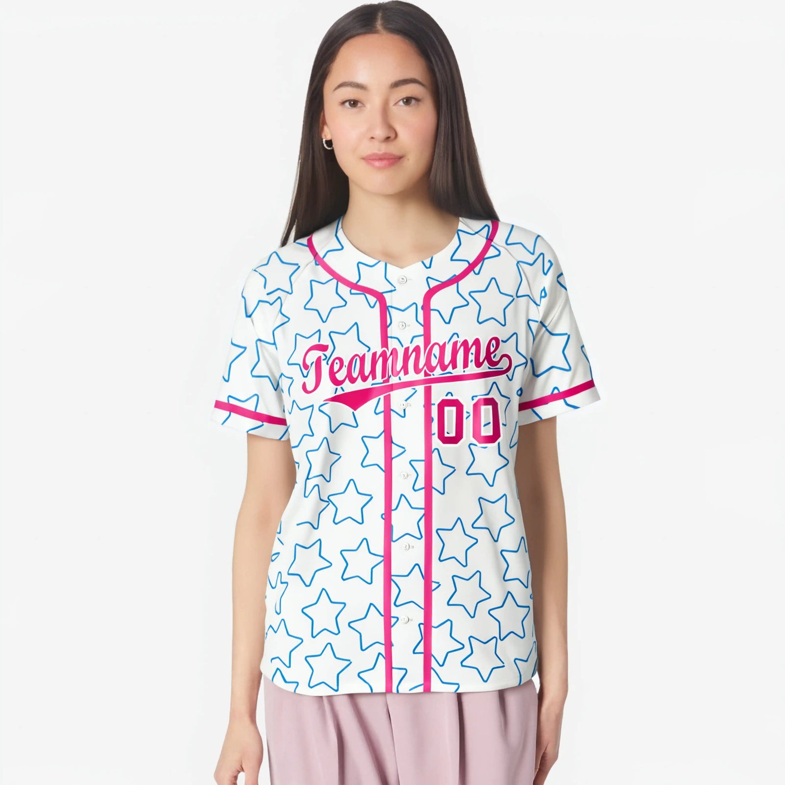 Custom Star White Pink Baseball Jersey Button Down Shirt Personalized for Adults/Youth