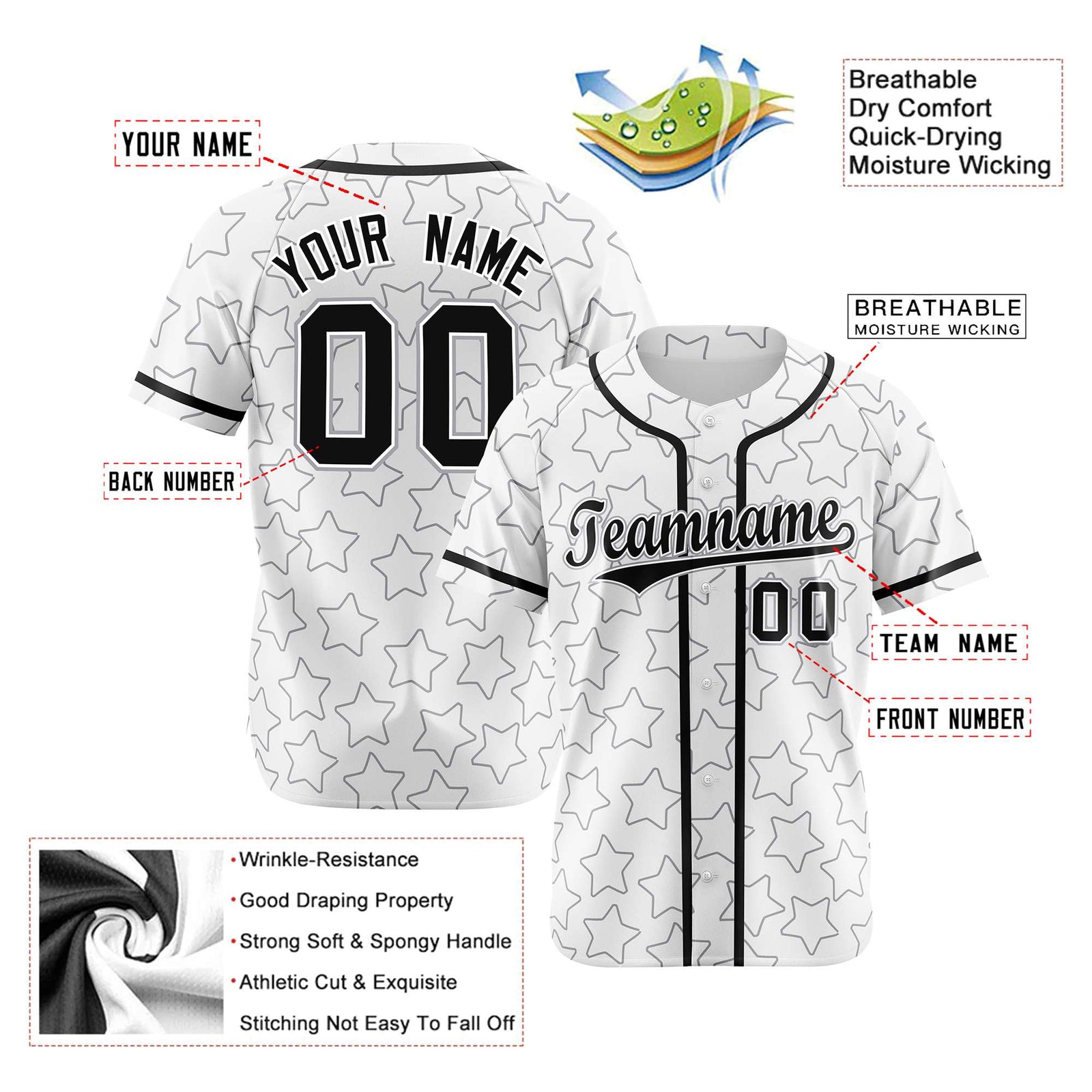 Custom Star White Black Baseball Jersey Button Down Shirt Personalized for Adults/Youth