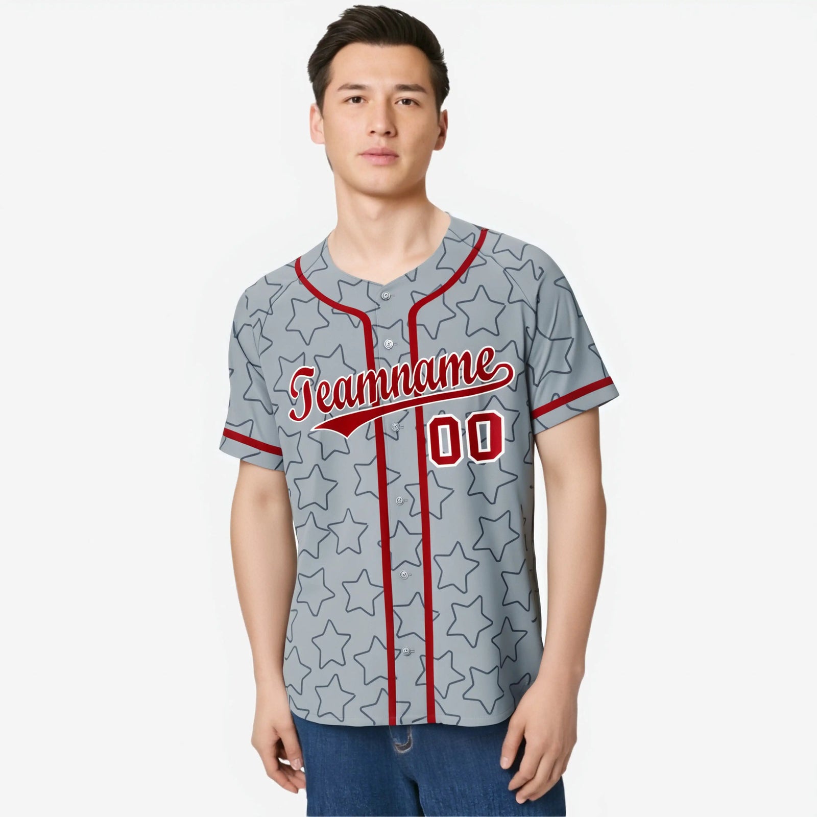 Custom Star Gray Red Baseball Jersey Button Down Shirt Personalized for Adults/Youth
