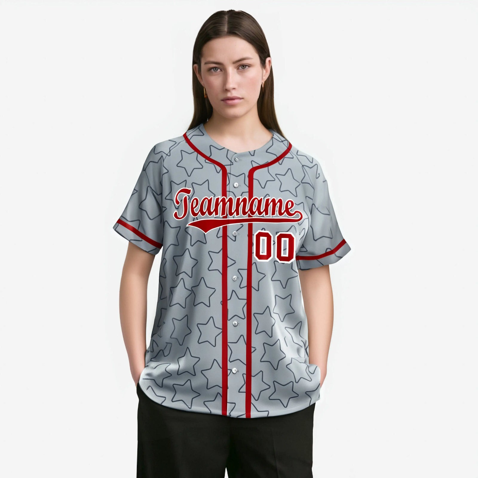 Custom Star Gray Red Baseball Jersey Button Down Shirt Personalized for Adults/Youth