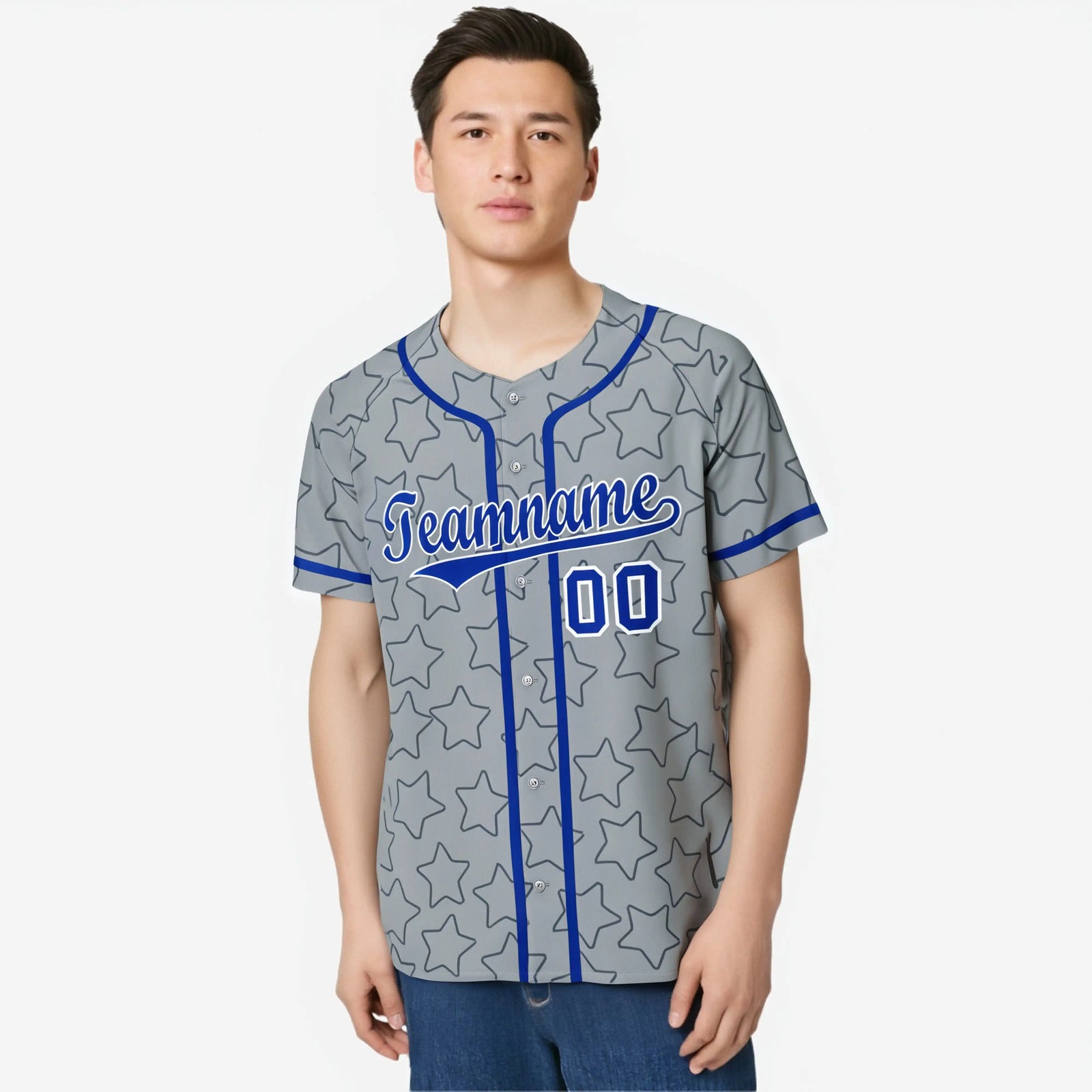Custom Star Gray Blue Baseball Jersey Button Down Shirt Personalized for Adults/Youth