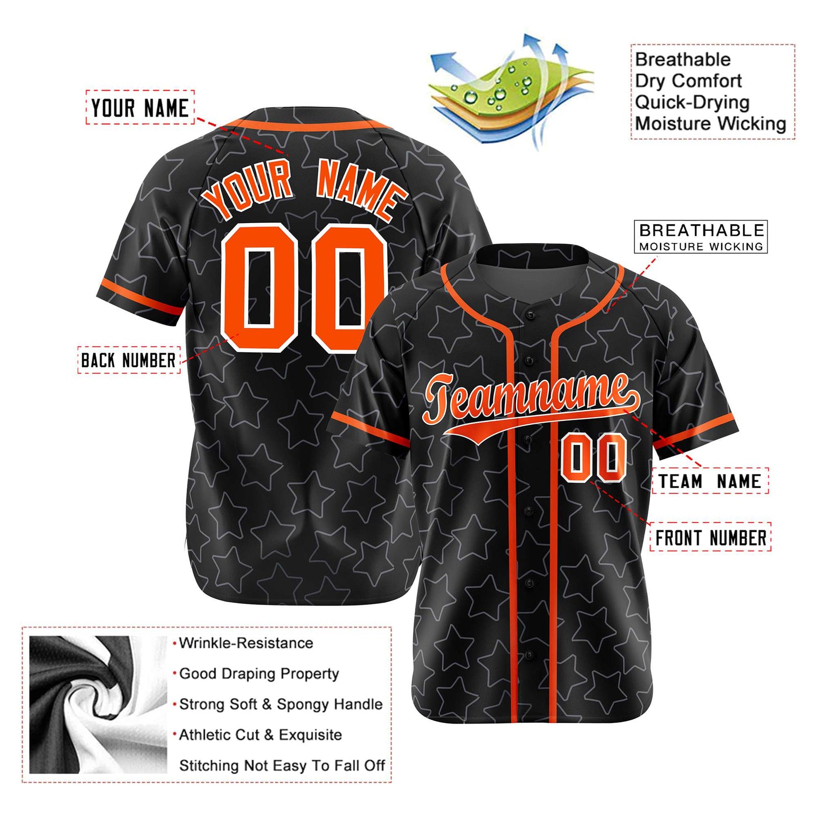 Custom Star Black Orange Baseball Jersey Button Down Shirt Personalized for Adults/Youth