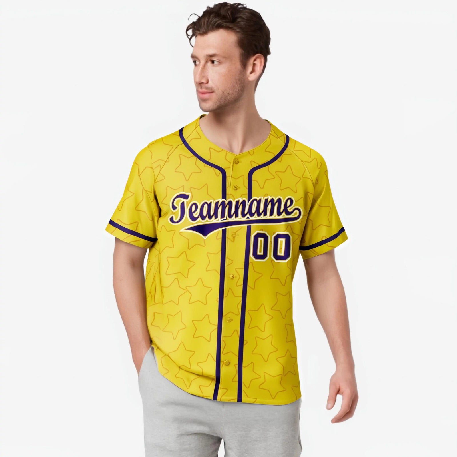 Custom Star Gold Purple Baseball Jersey Button Down Shirt Personalized for Adults/Youth