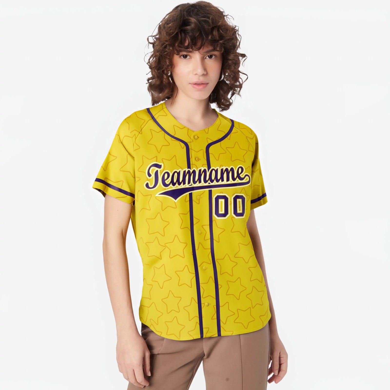 Custom Star Gold Purple Baseball Jersey Button Down Shirt Personalized for Adults/Youth