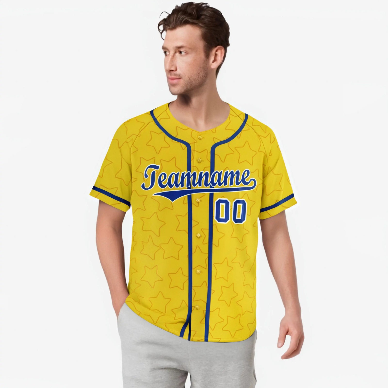 Custom Star Gold Blue Baseball Jersey Button Down Shirt Personalized for Adults/Youth