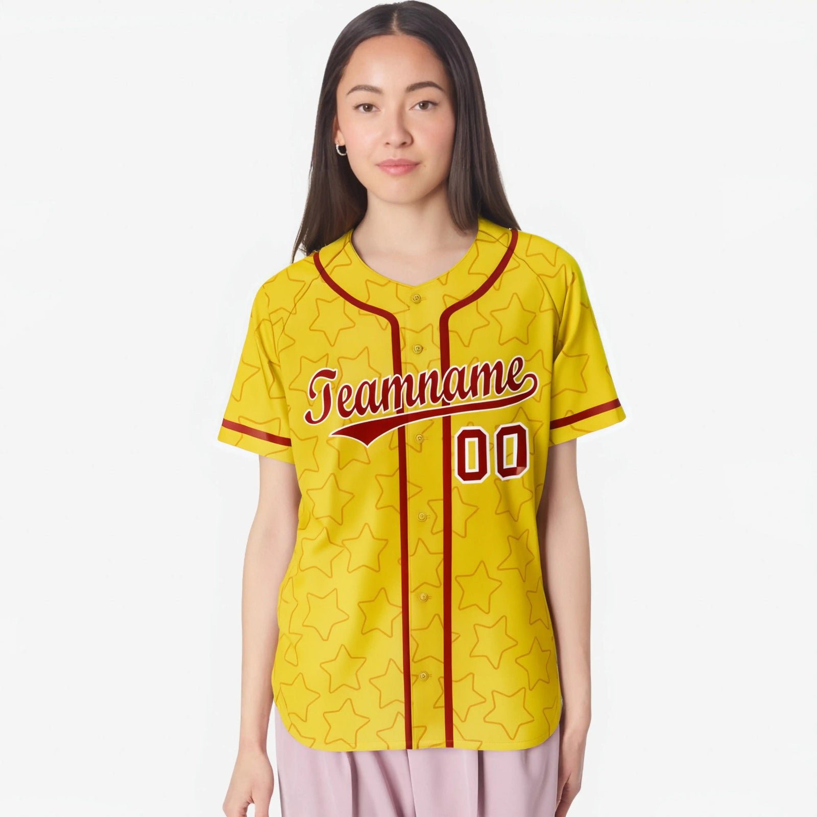 Custom Star Gold Red Baseball Jersey Button Down Shirt Personalized for Adults/Youth