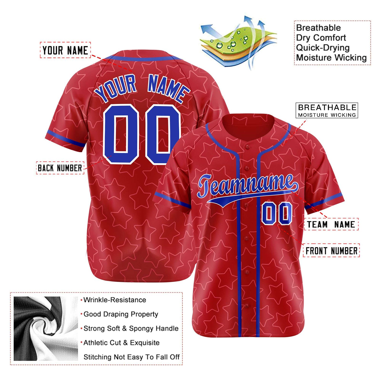 Custom Star Red Blue Baseball Jersey Button Down Shirt Personalized for Adults/Youth
