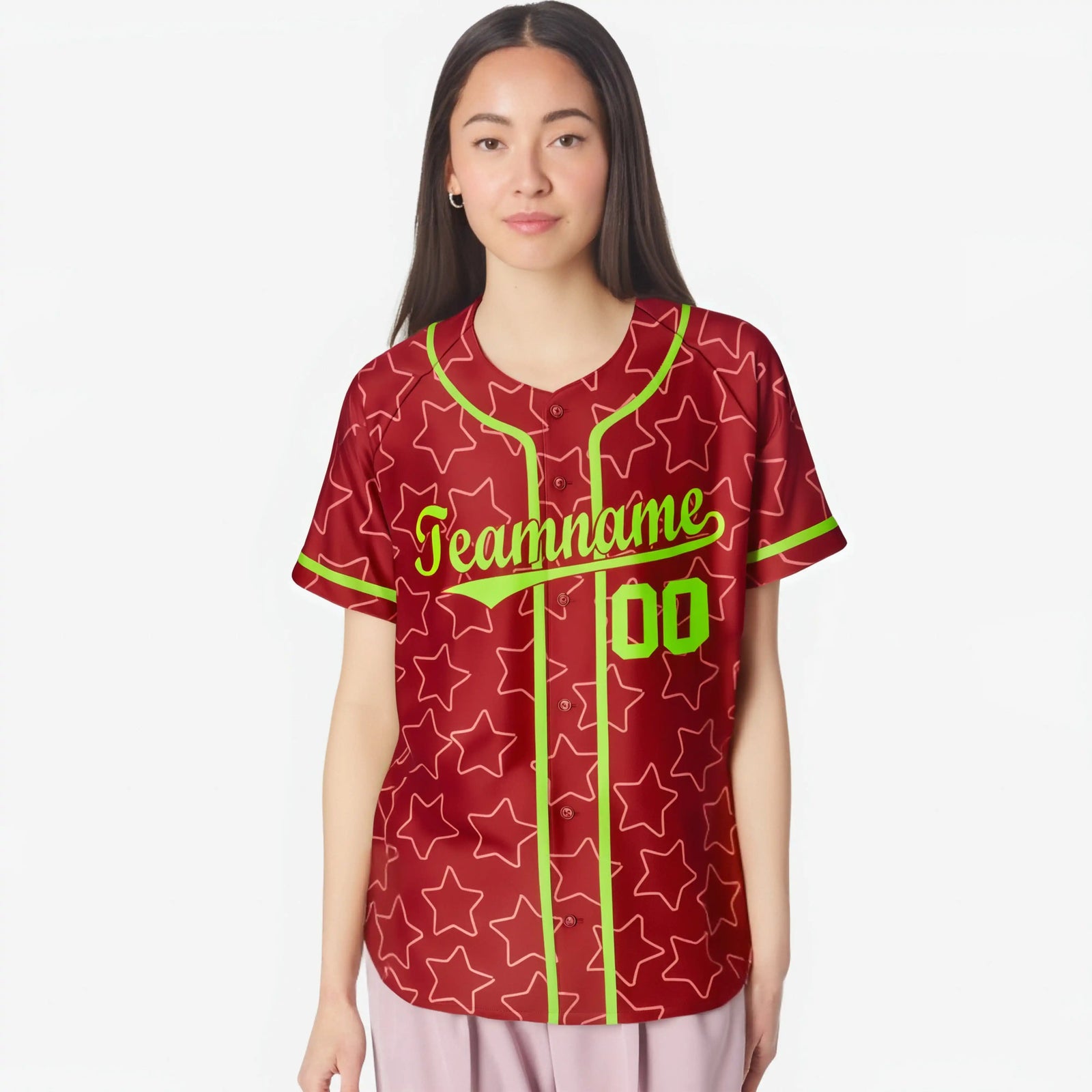 Custom Star Red Lime-Green Baseball Jersey Button Down Shirt Personalized for Adults/Youth