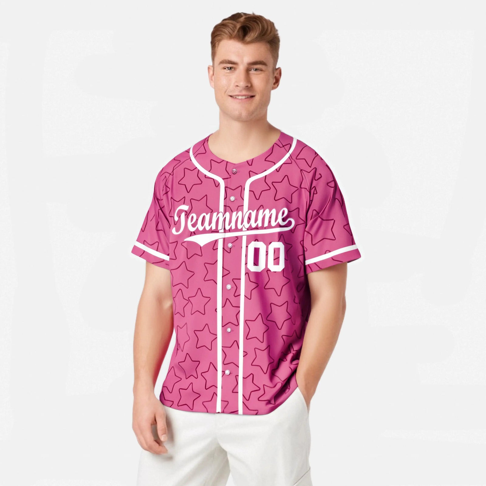 Custom Star Pink White Baseball Jersey Button Down Shirt Personalized for Adults/Youth