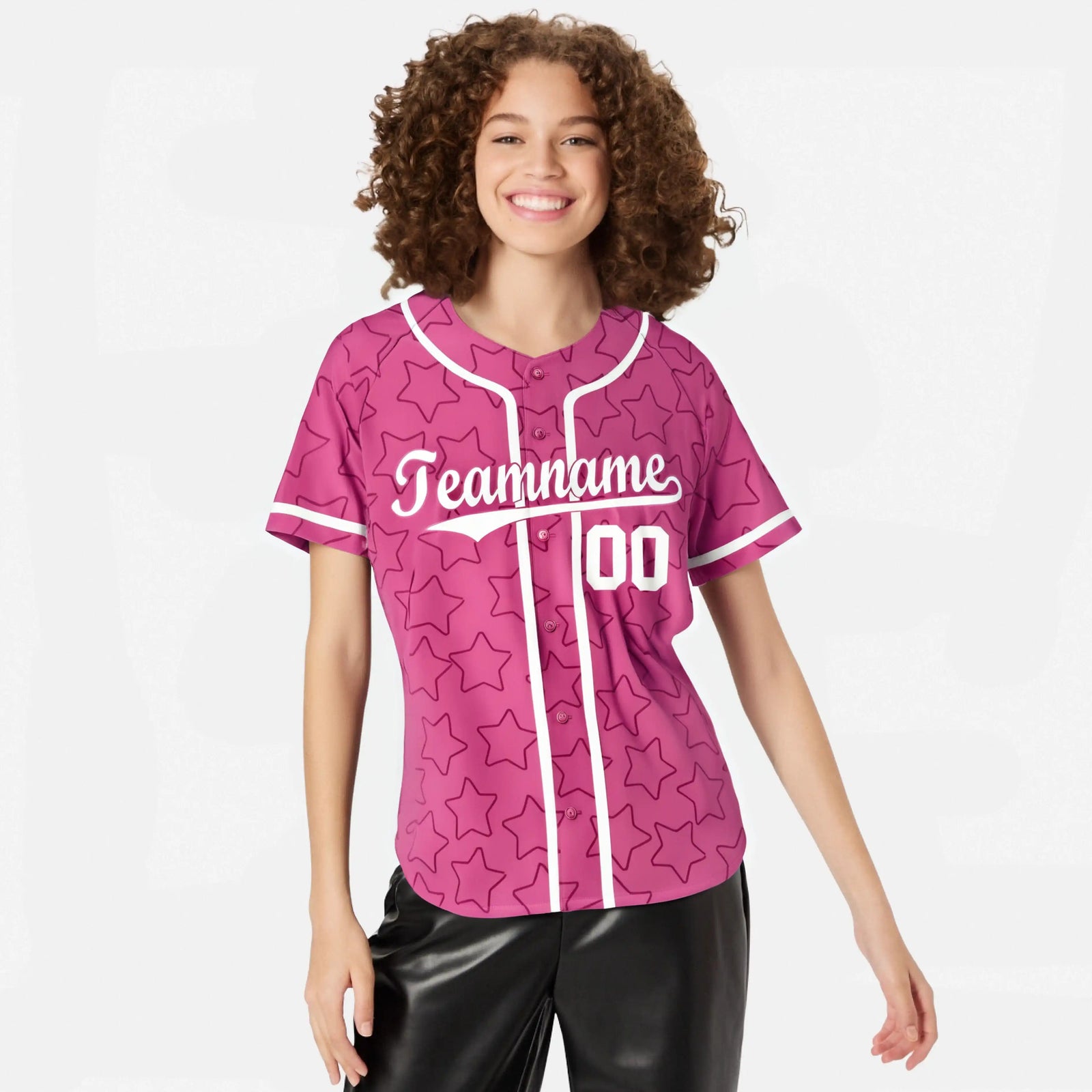 Custom Star Pink White Baseball Jersey Button Down Shirt Personalized for Adults/Youth
