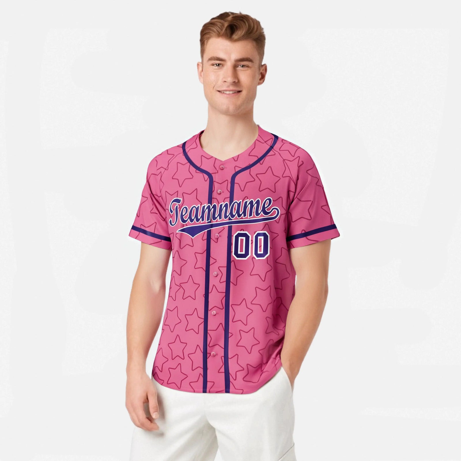 Custom Star Pink Purple Baseball Jersey Button Down Shirt Personalized for Adults/Youth