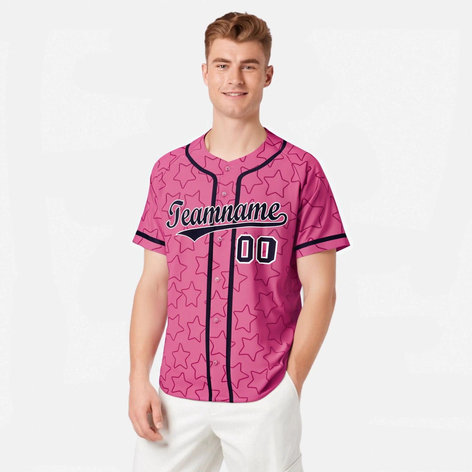 Custom Star Pink Black Baseball Jersey Button Down Shirt Personalized for Adults/Youth