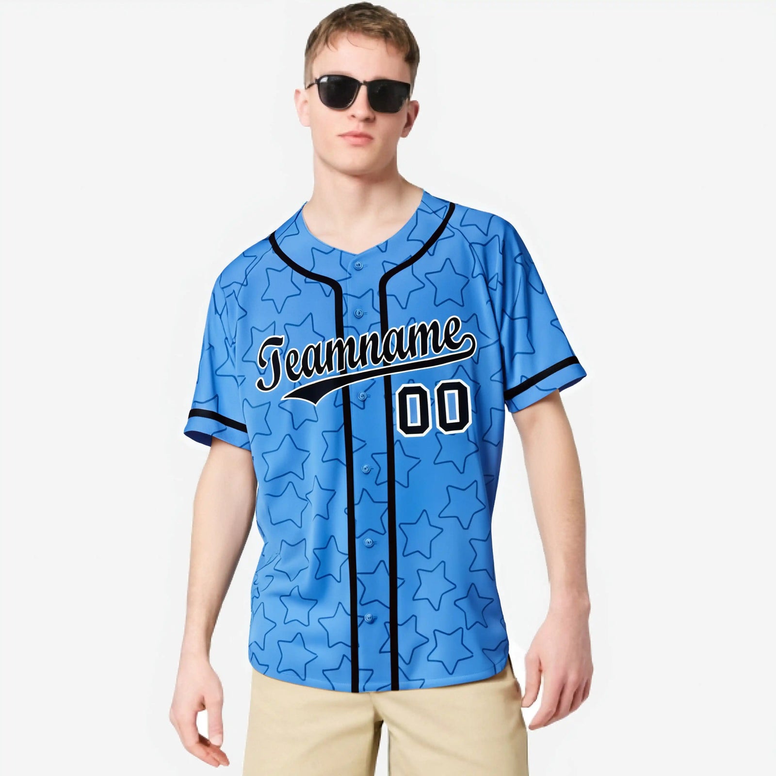 Custom Star Blue Black Baseball Jersey Button Down Shirt Personalized for Adults/Youth