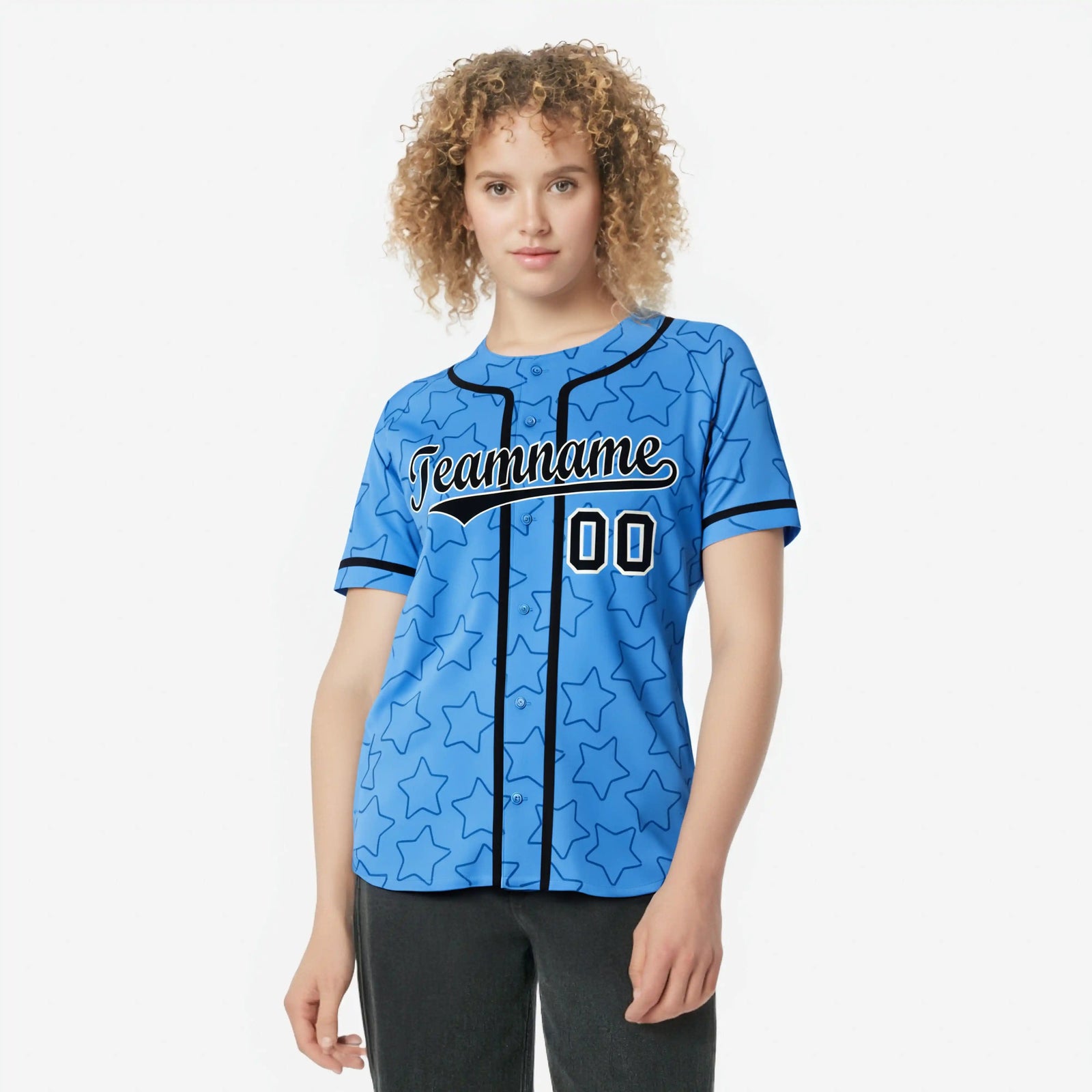Custom Star Blue Black Baseball Jersey Button Down Shirt Personalized for Adults/Youth