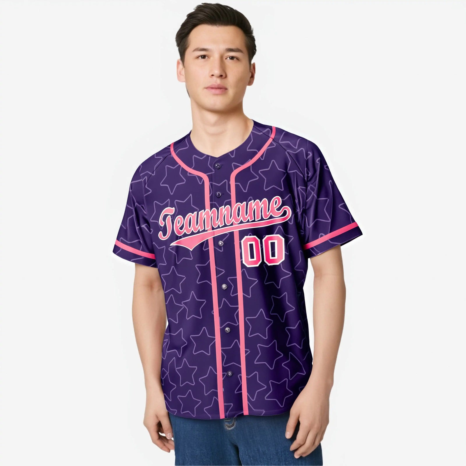 Custom Star Purple Pink Baseball Jersey Button Down Shirt Personalized for Adults/Youth