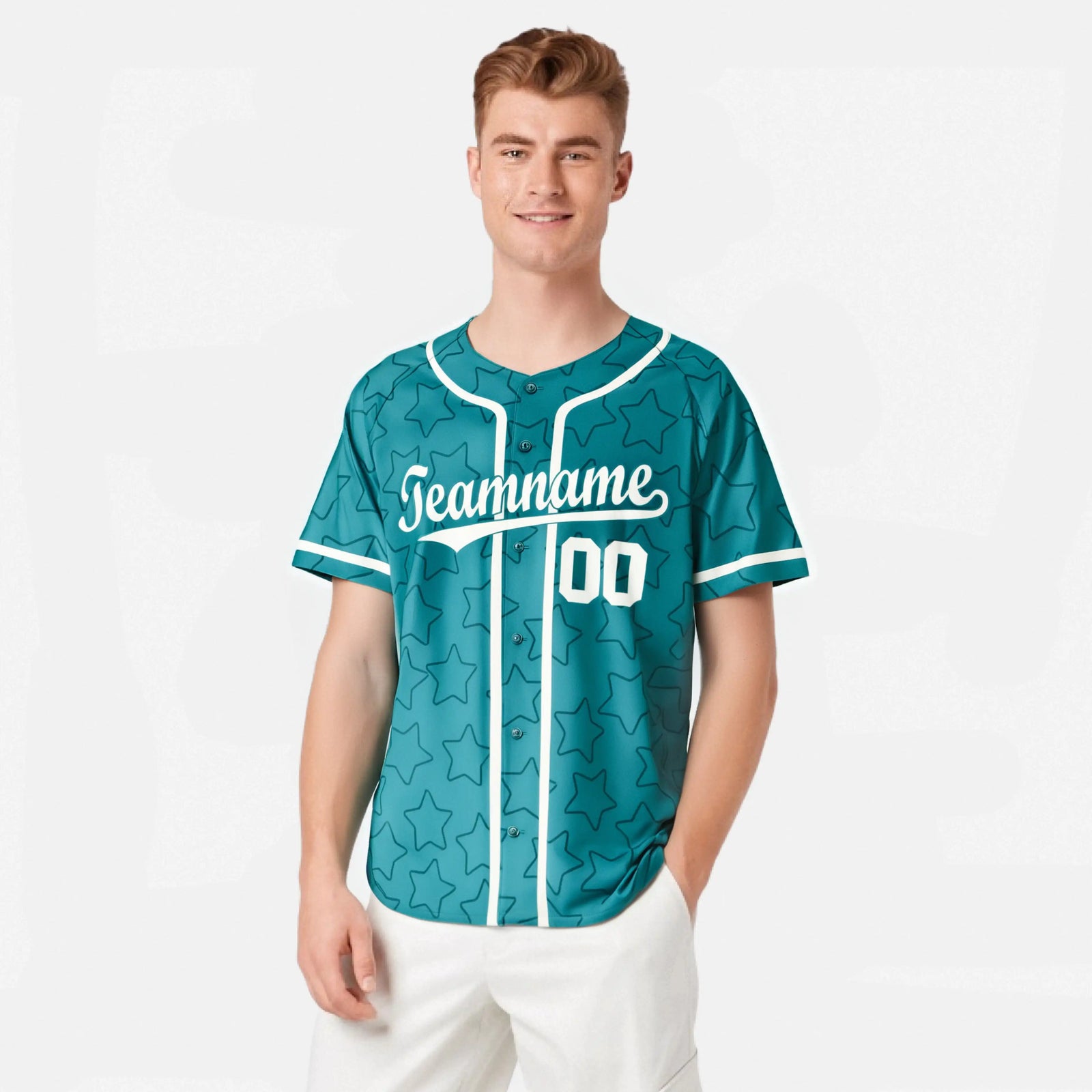 Custom Star Turquoise White Baseball Jersey Button Down Shirt Personalized for Adults/Youth