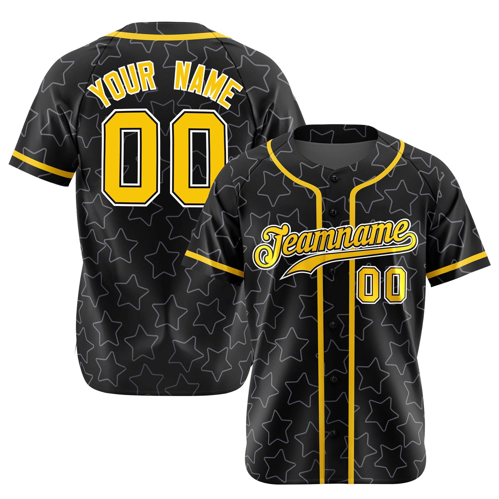 Custom Star Black Gold Baseball Jersey Button Down Shirt Personalized for Adults/Youth