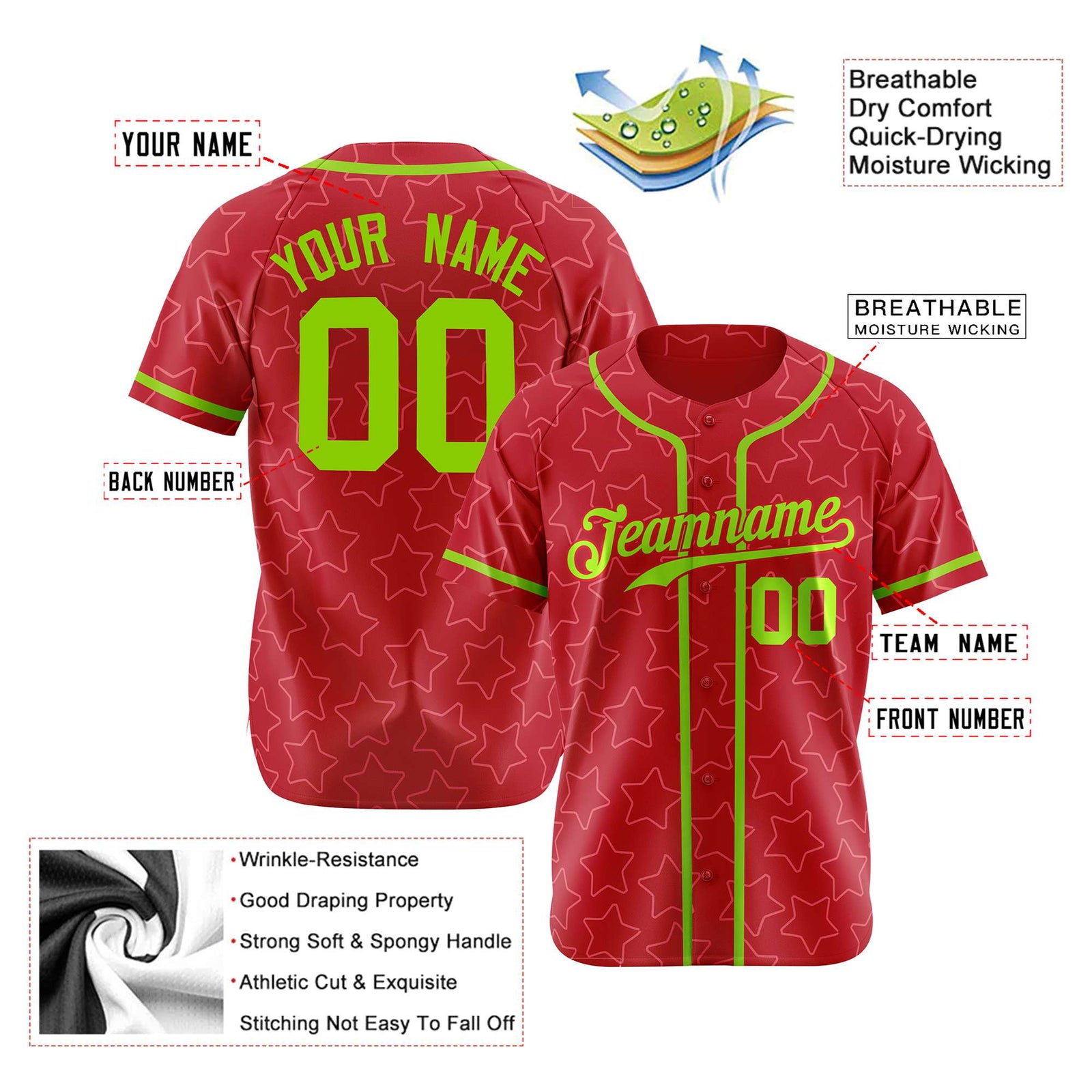 Custom Star Red Lime-Green Baseball Jersey Button Down Shirt Personalized for Adults/Youth