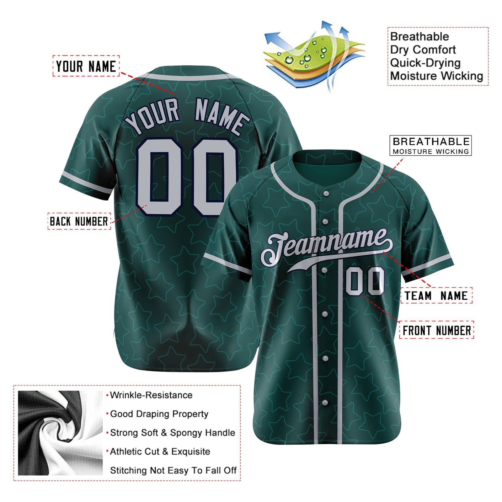 Custom Star Teal White Baseball Jersey Button Down Shirt Personalized for Adults/Youth