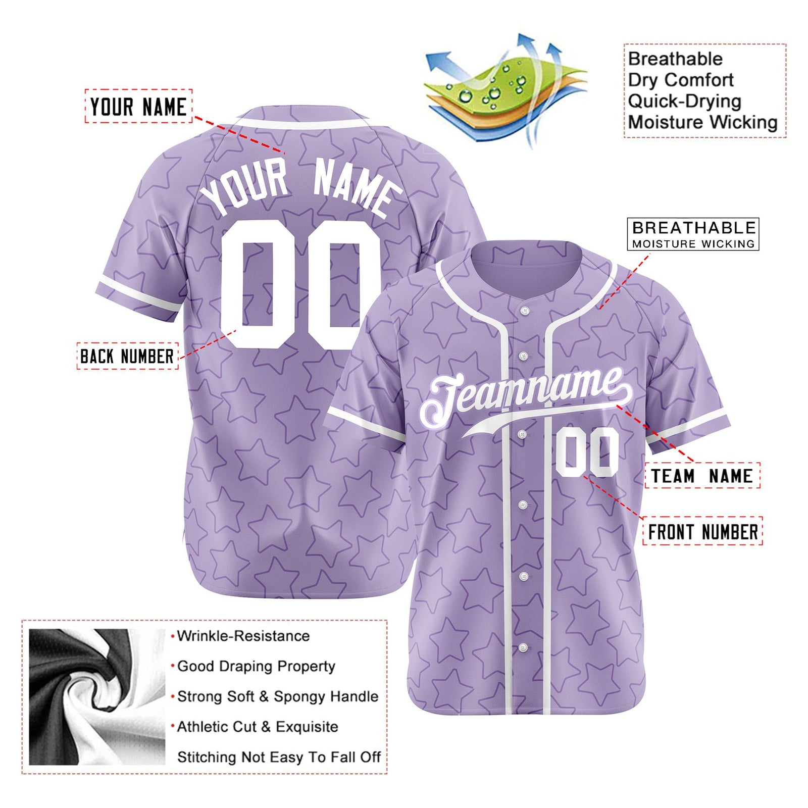 Custom Star Lavender White Baseball Jersey Button Down Shirt Personalized for Adults/Youth