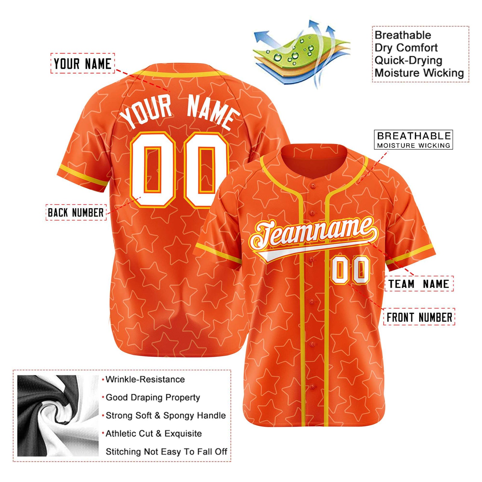 Custom Star Orange White-Gold Baseball Jersey Button Down Shirt Personalized for Adults/Youth