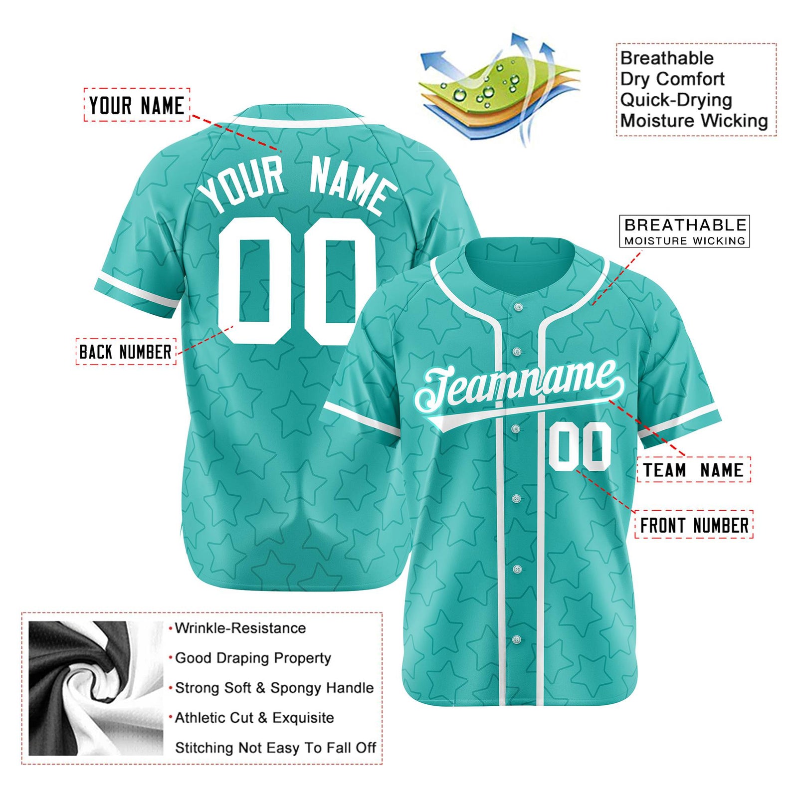 Custom Star Turquoise White Baseball Jersey Button Down Shirt Personalized for Adults/Youth