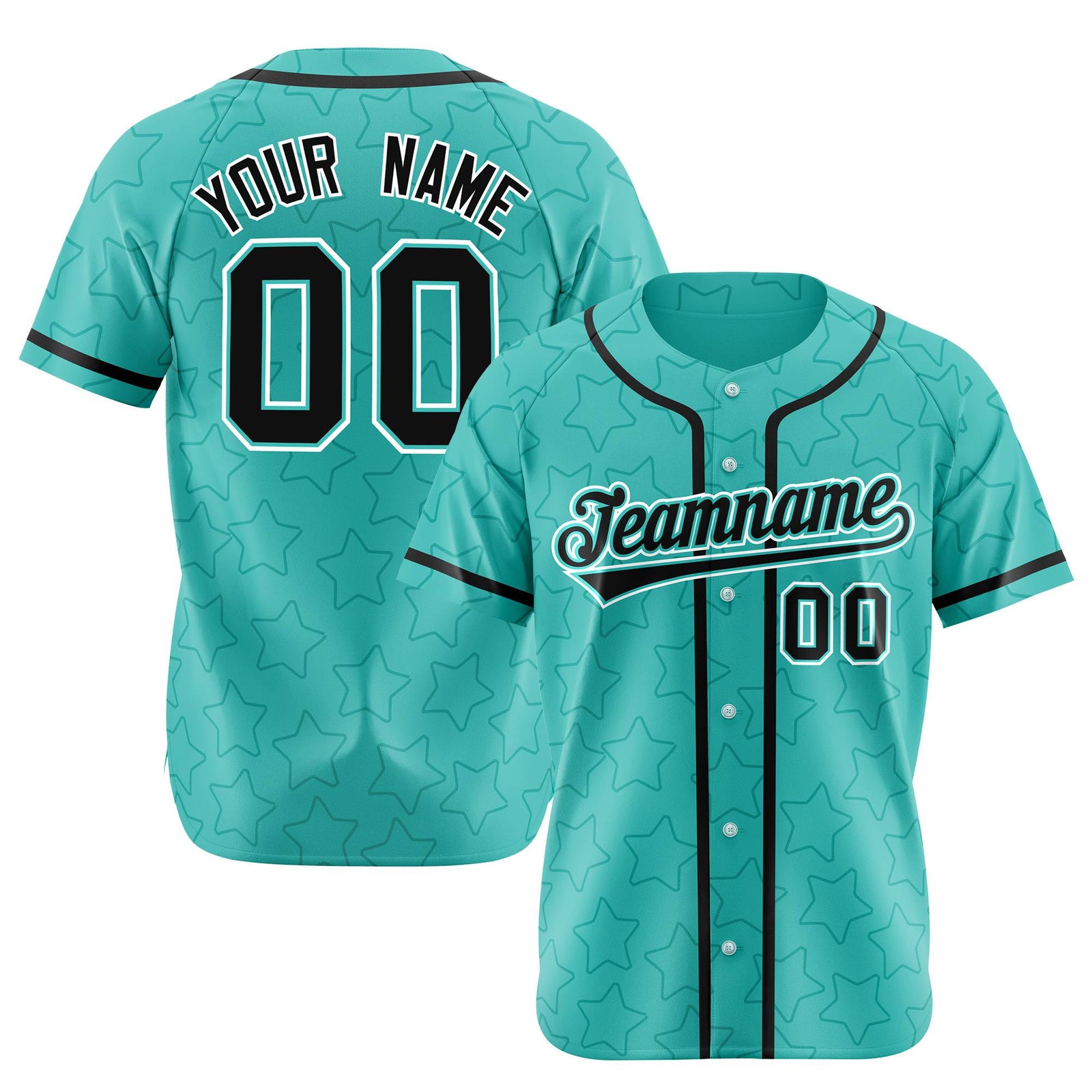 Custom Star Turquoise Black Baseball Jersey Button Down Shirt Personalized for Adults/Youth