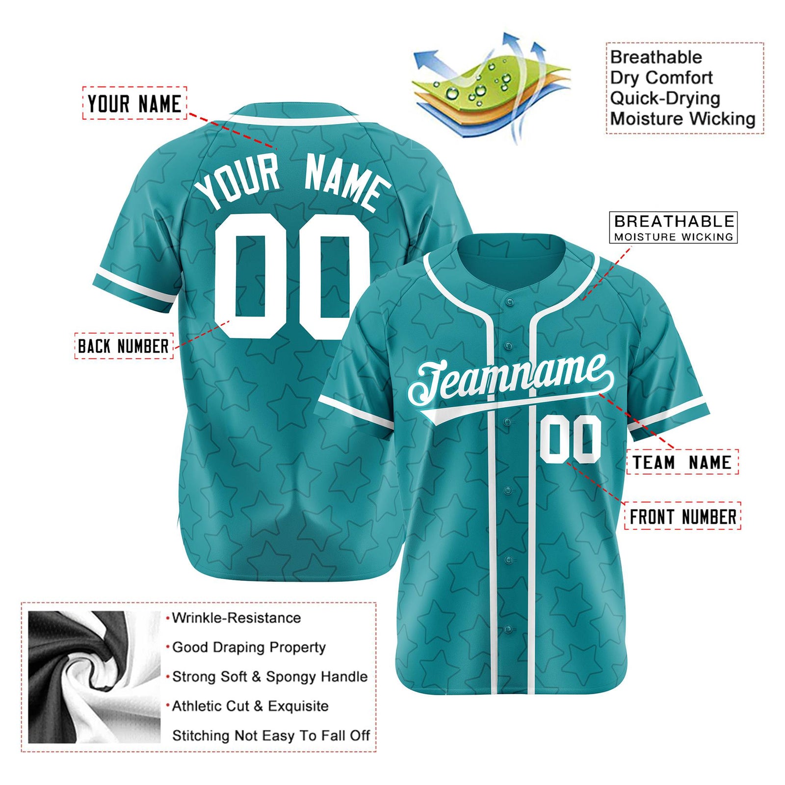 Custom Star Turquoise White Baseball Jersey Button Down Shirt Personalized for Adults/Youth
