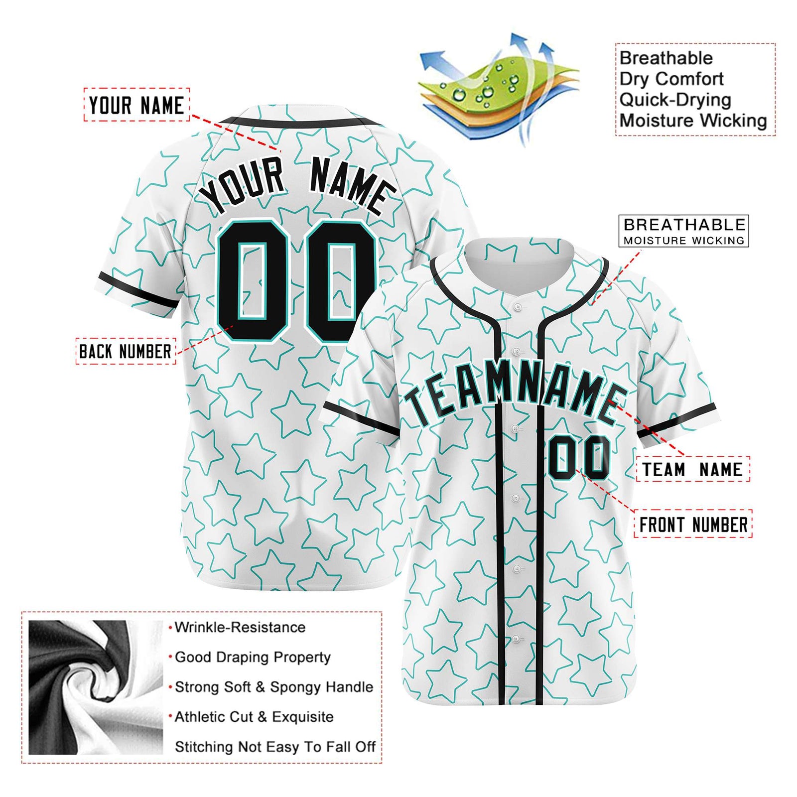 Custom Star White Teal Baseball Jersey Button Down Shirt Personalized for Adults/Youth