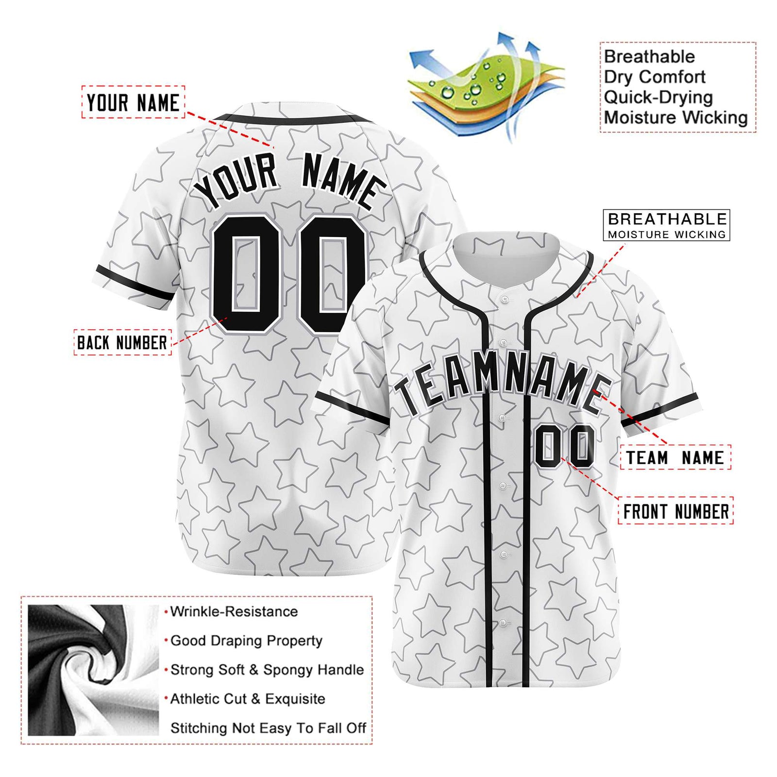 Custom Star White Black Baseball Jersey Button Down Shirt Personalized for Adults/Youth