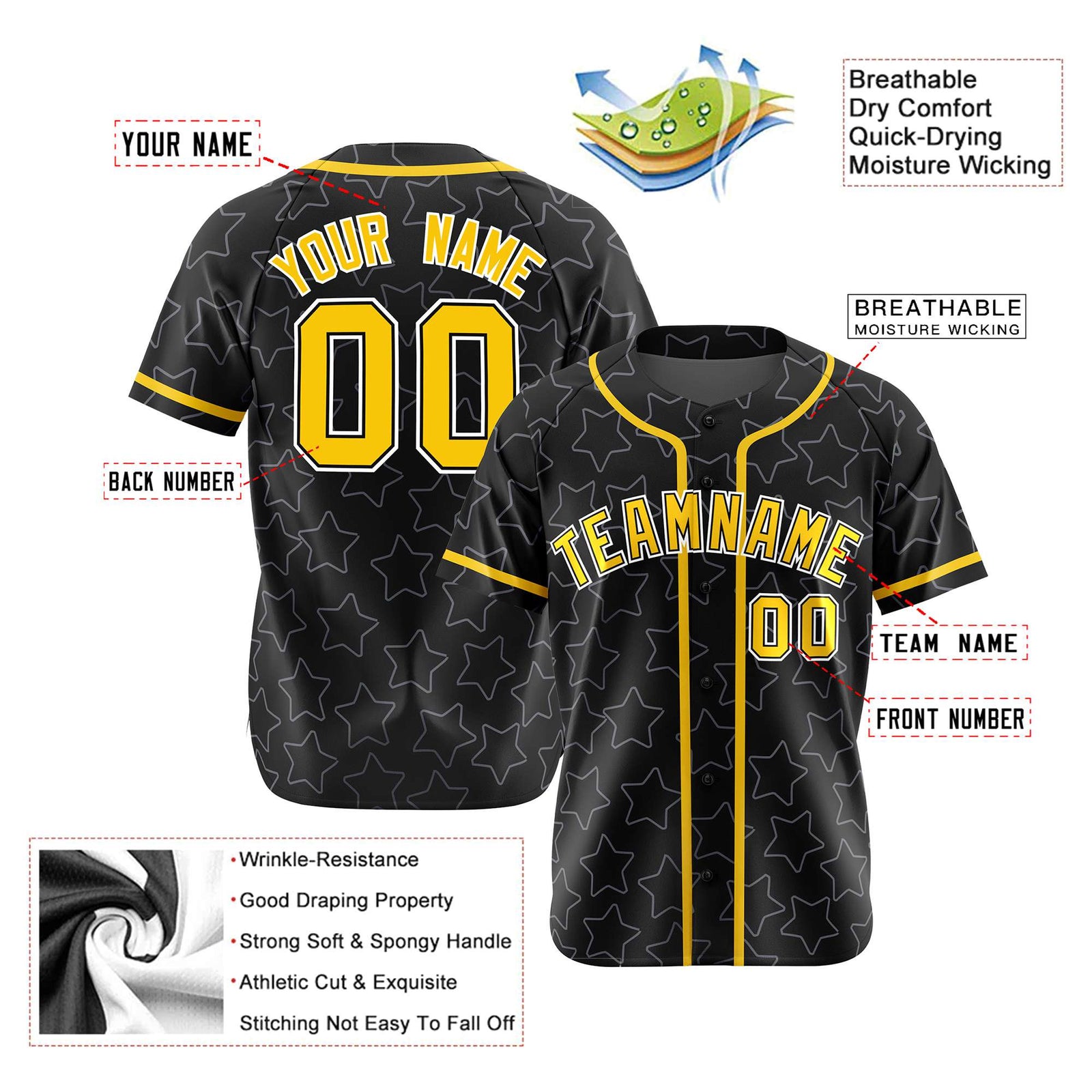 Custom Star Black Gold Baseball Jersey Button Down Shirt Personalized for Adults/Youth