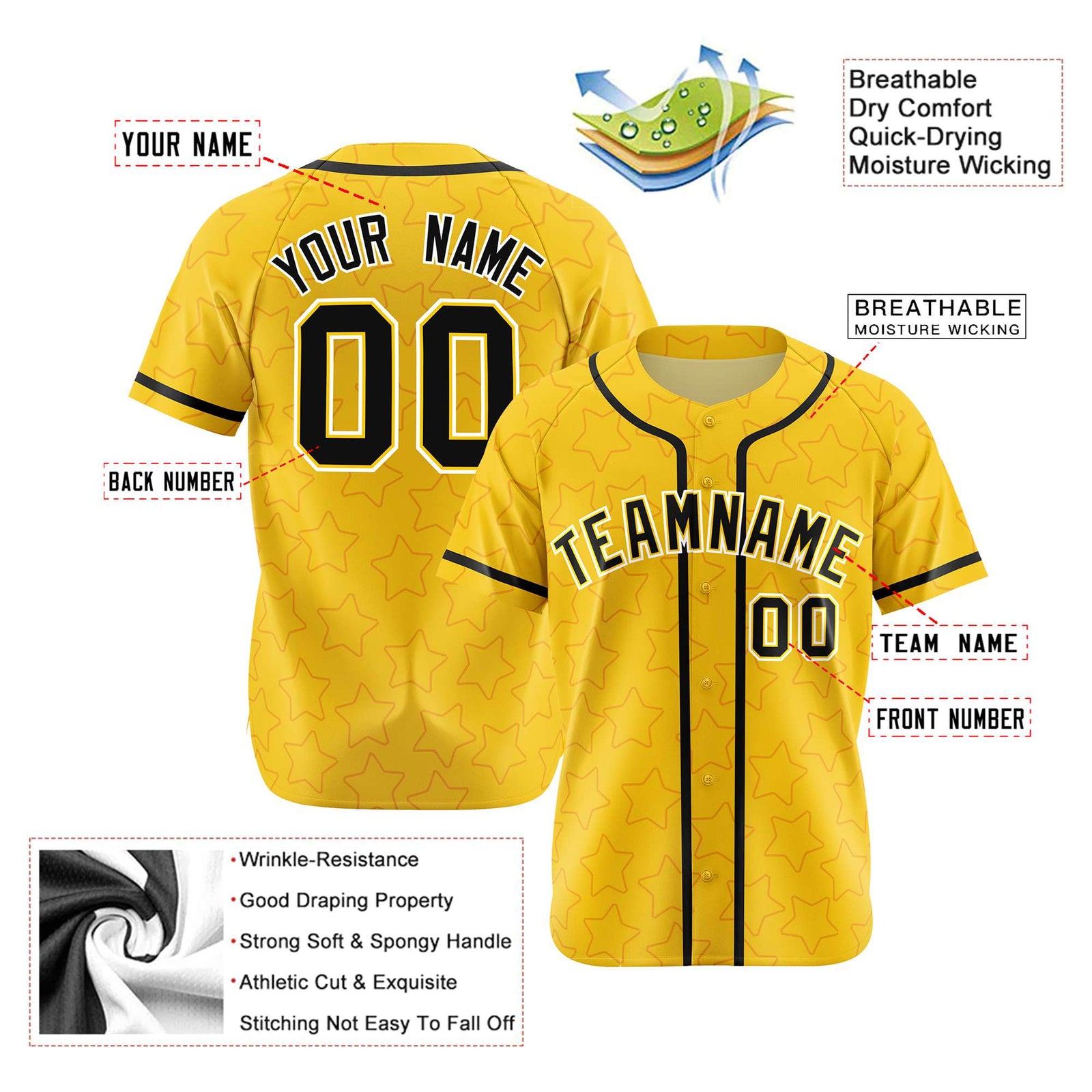 Custom Star Gold Black Baseball Jersey Button Down Shirt Personalized for Adults/Youth