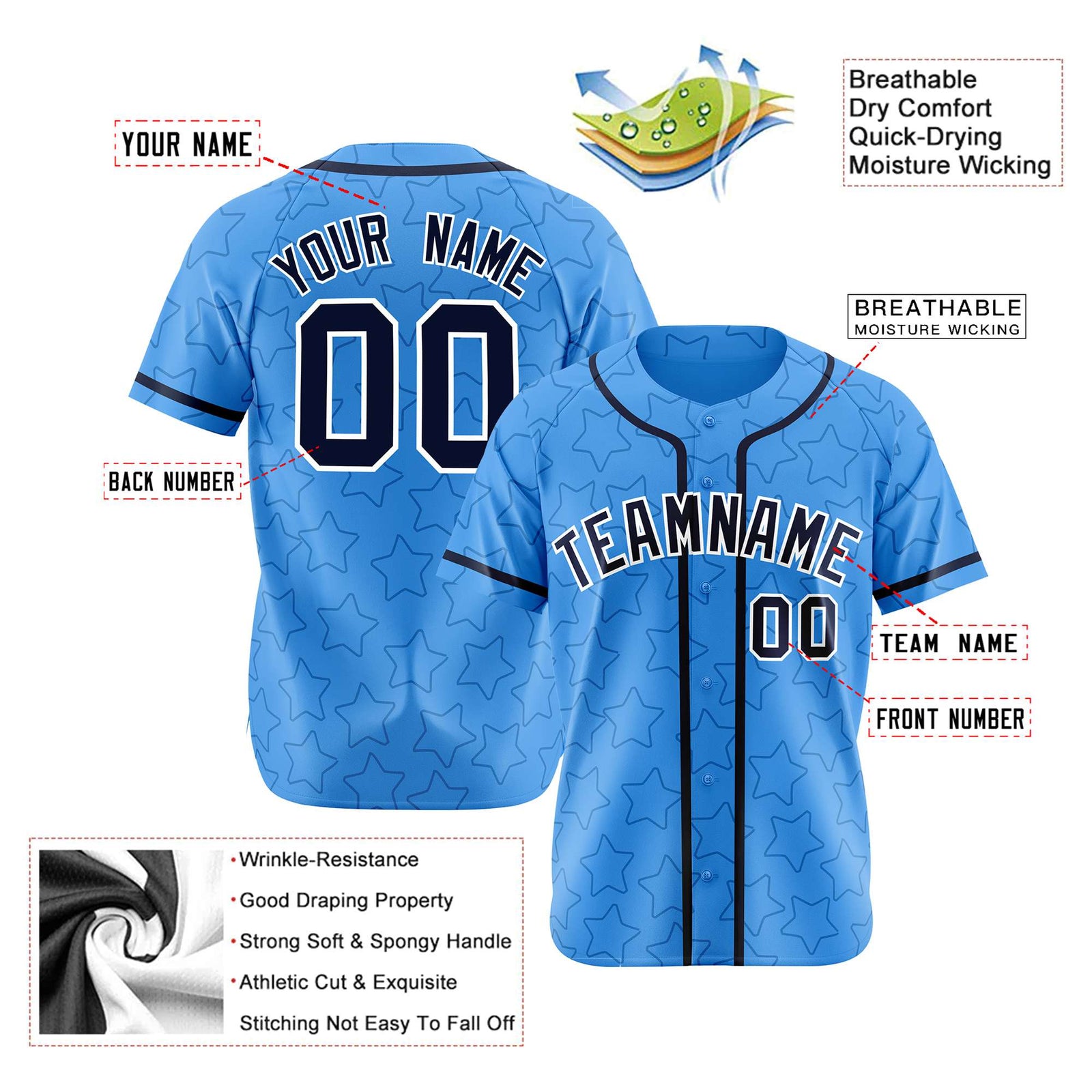 Custom Star Blue Black Baseball Jersey Button Down Shirt Personalized for Adults/Youth