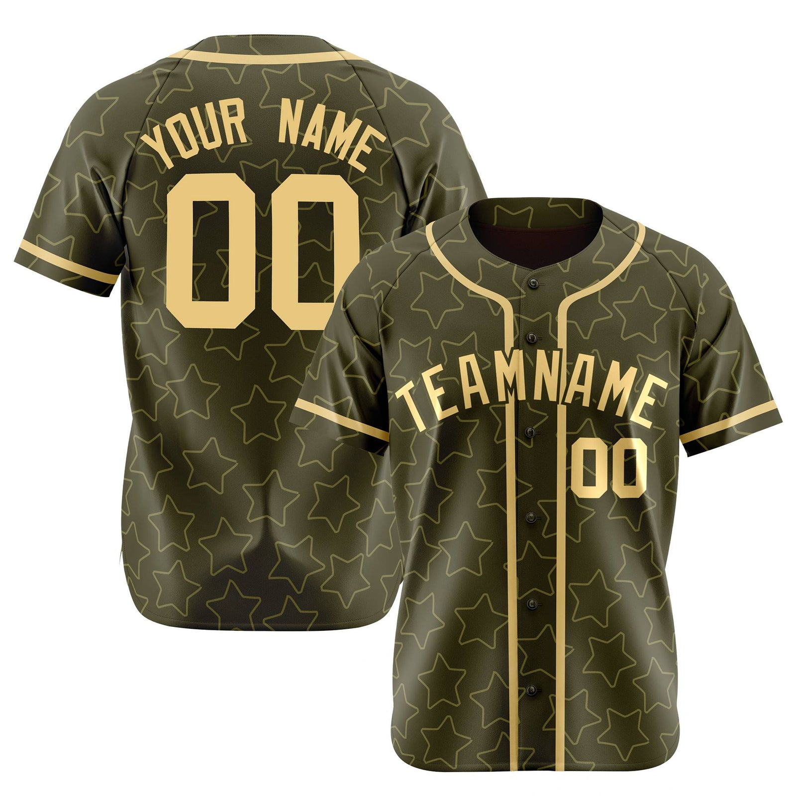Custom Star Olive Green Gold Baseball Jersey Button Down Shirt Personalized for Adults/Youth