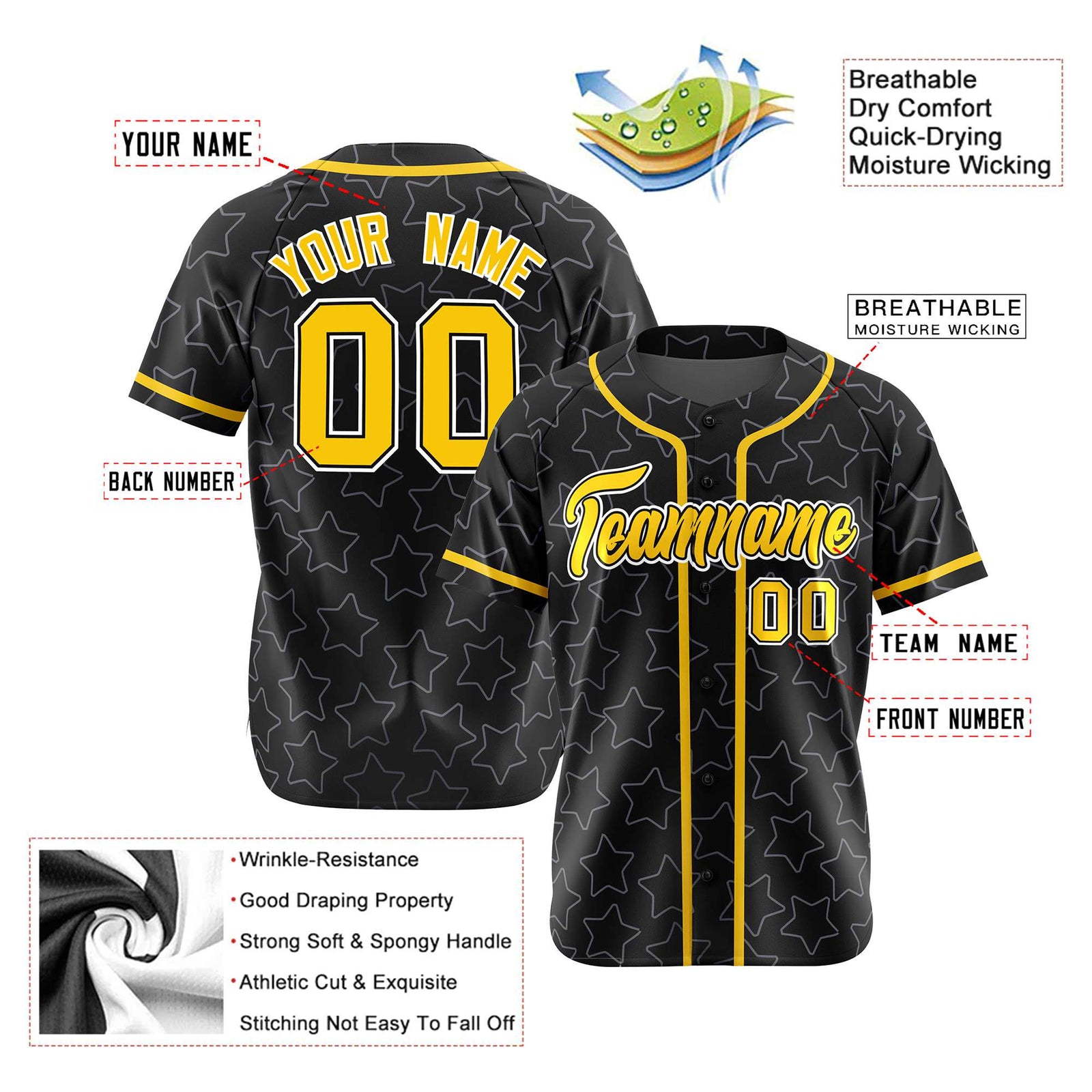 Custom Star Black Gold Baseball Jersey Button Down Shirt Personalized for Adults/Youth