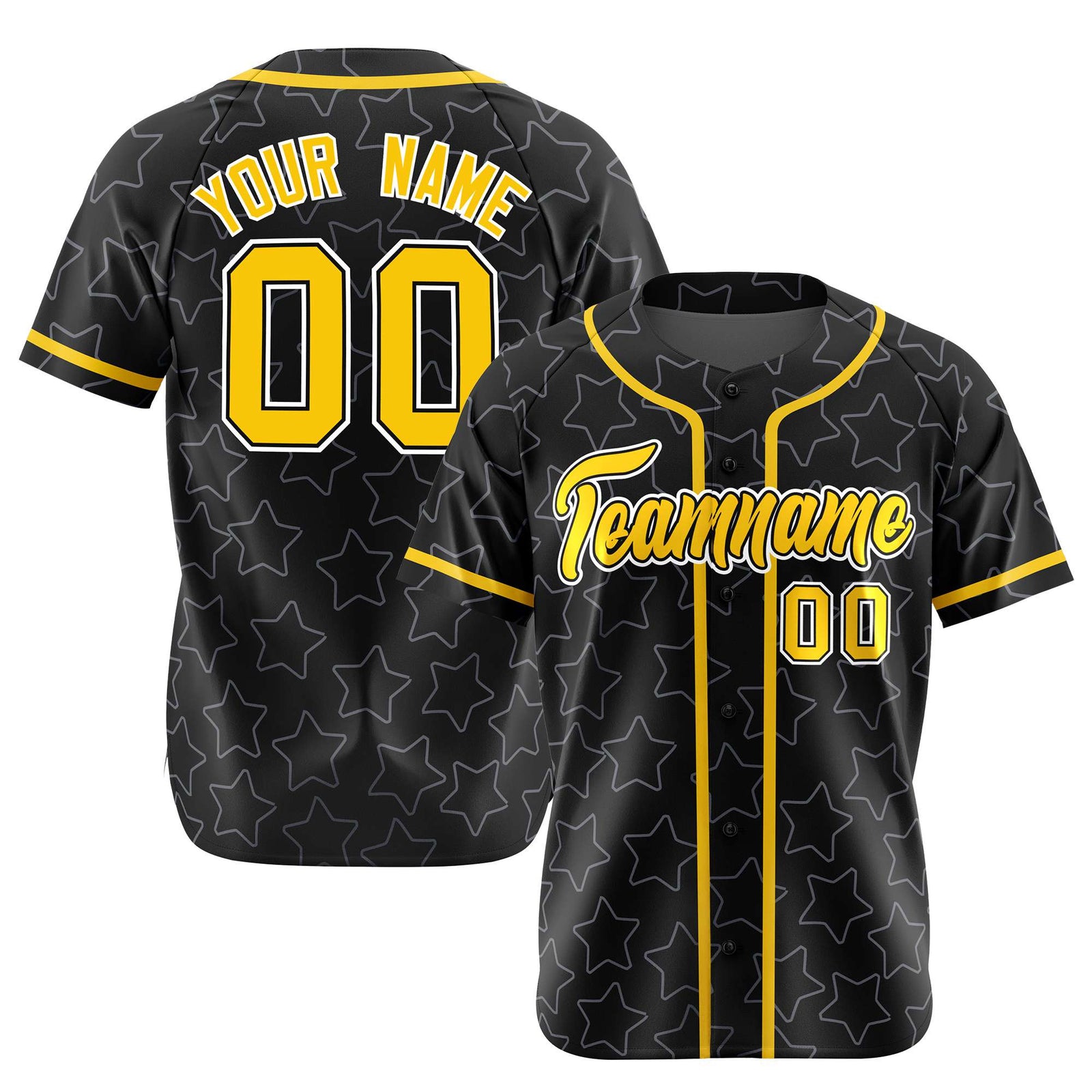 Custom Star Black Gold Baseball Jersey Button Down Shirt Personalized for Adults/Youth
