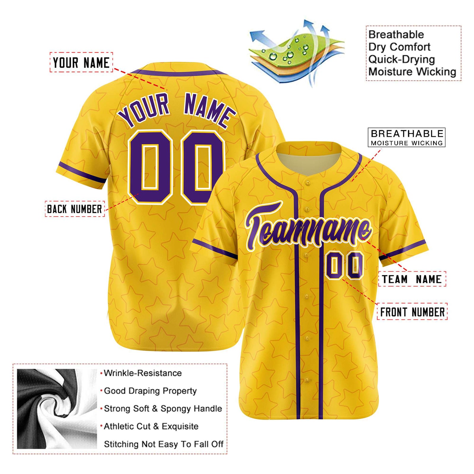 Custom Star Gold Purple Baseball Jersey Button Down Shirt Personalized for Adults/Youth