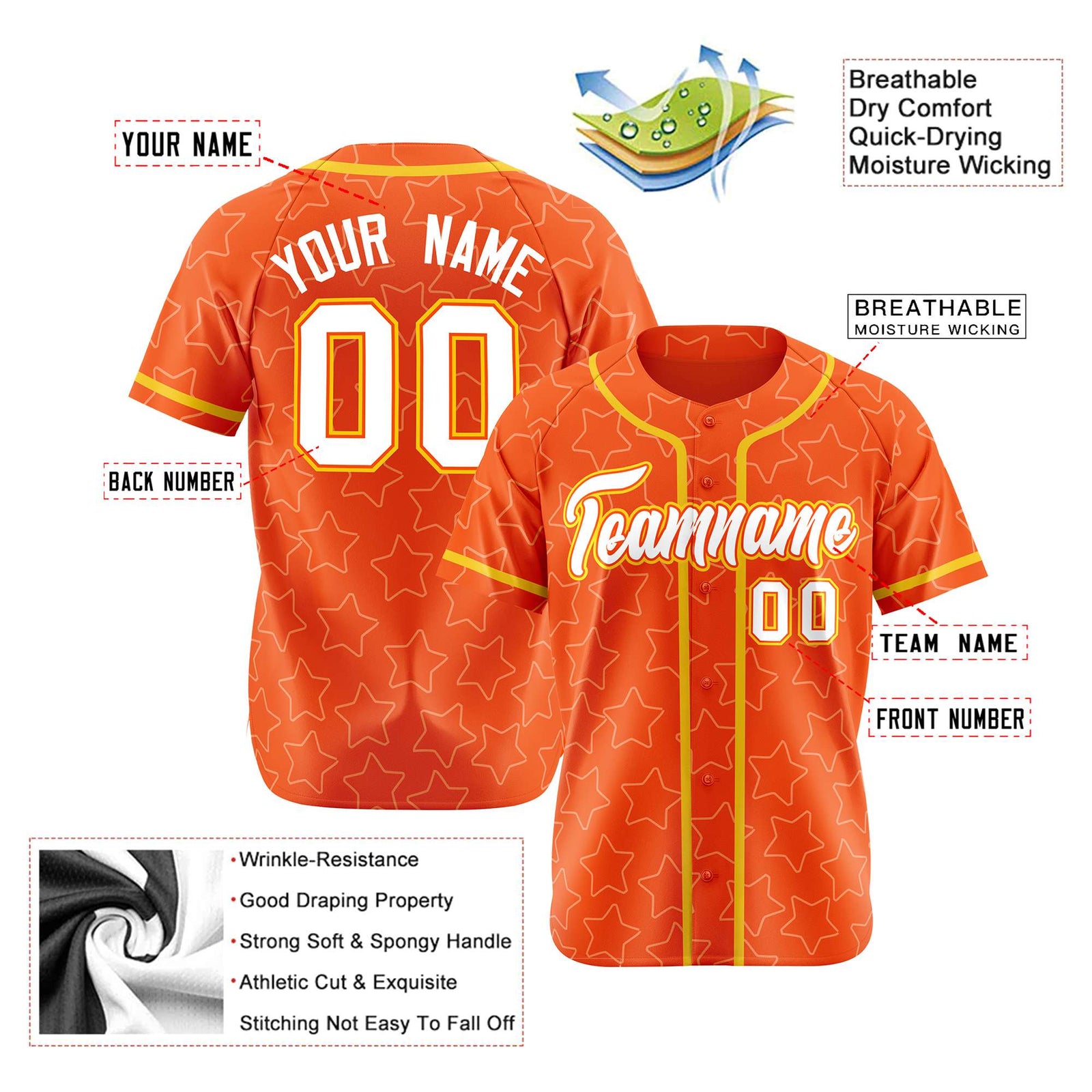 Custom Star Orange White-Gold Baseball Jersey Button Down Shirt Personalized for Adults/Youth