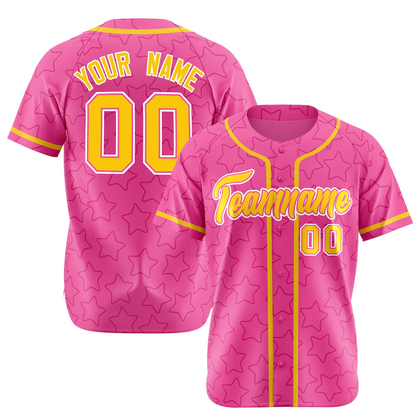 Custom Star Pink Yellow Baseball Jersey Button Down Shirt Personalized for Adults/Youth