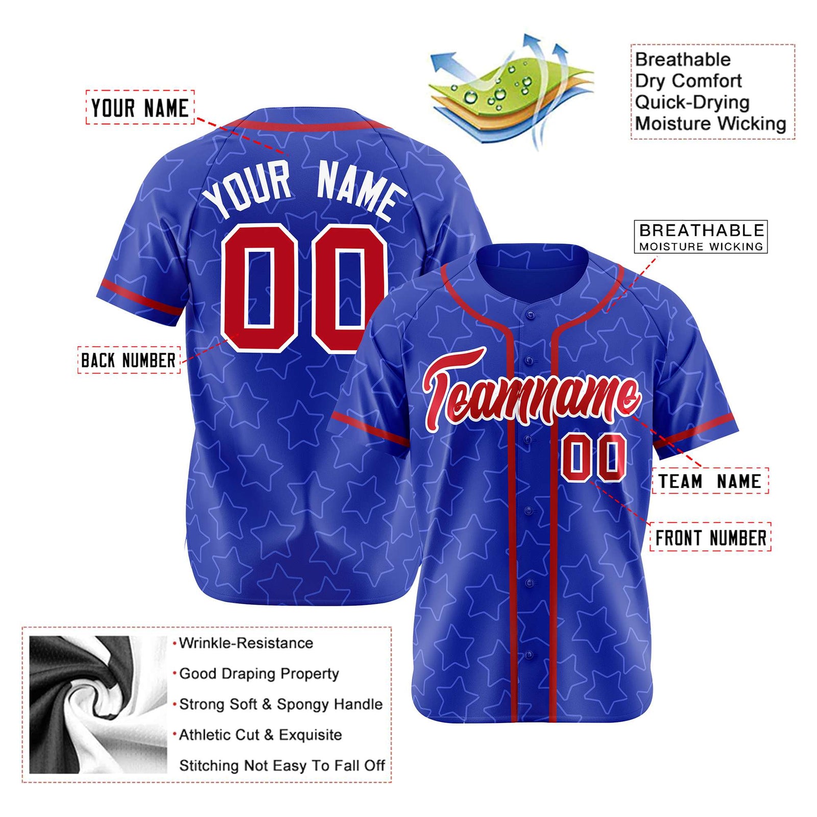 Custom Star Blue Red Baseball Jersey Button Down Shirt Personalized for Adults/Youth