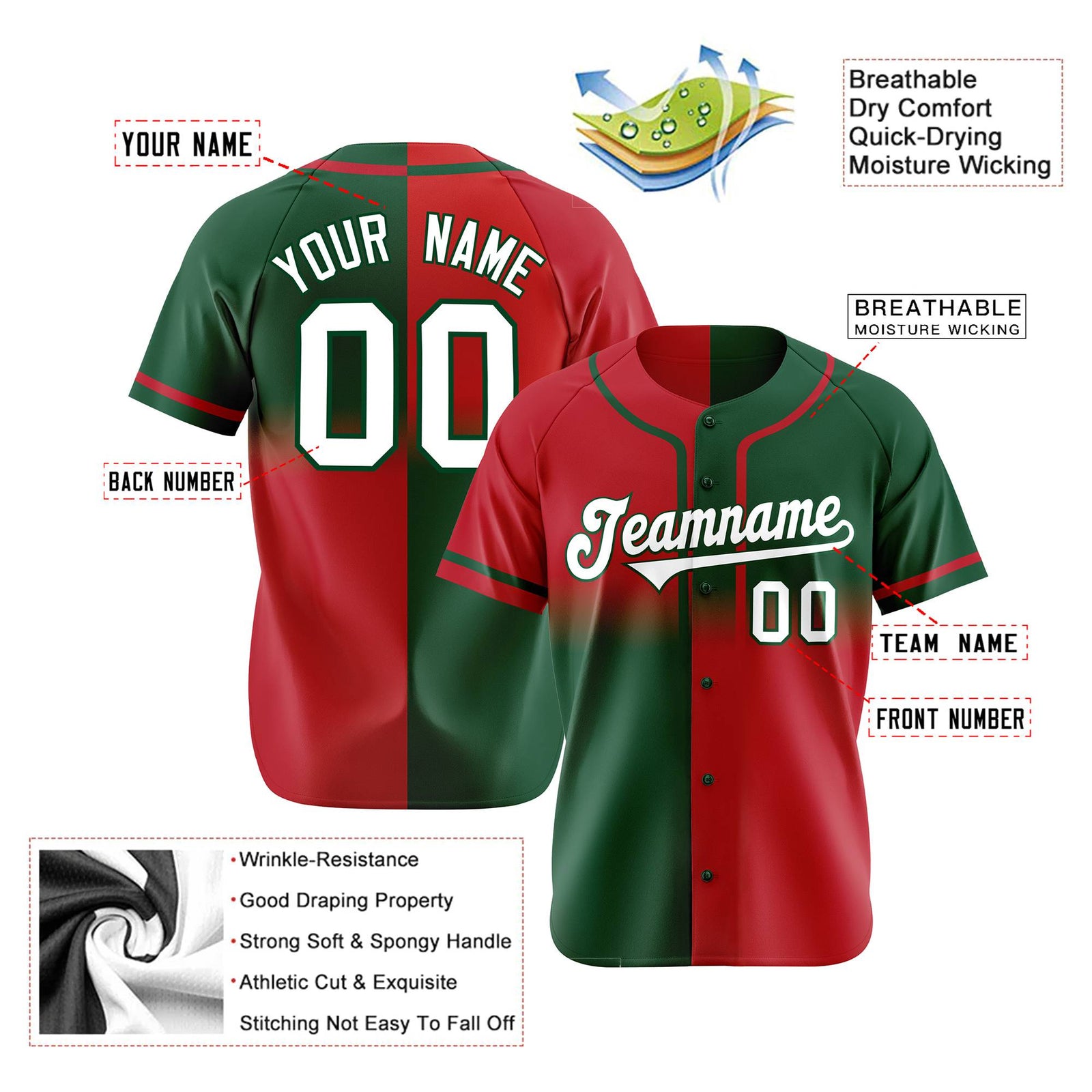 Custom Red Green White Authentic Split Fashion Baseball Jersey